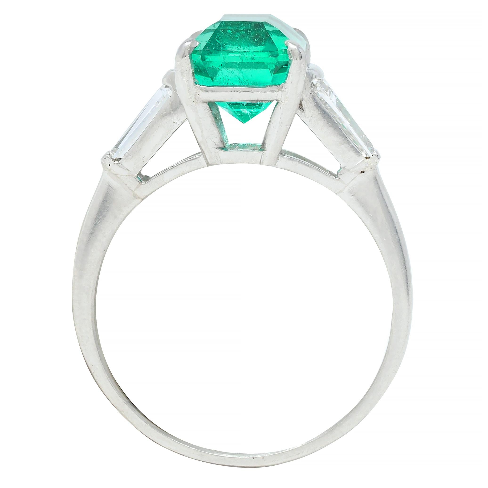 Mid-Century 3.43 CTW Colombian Emerald Diamond Platinum Three Stone Vintage Ring