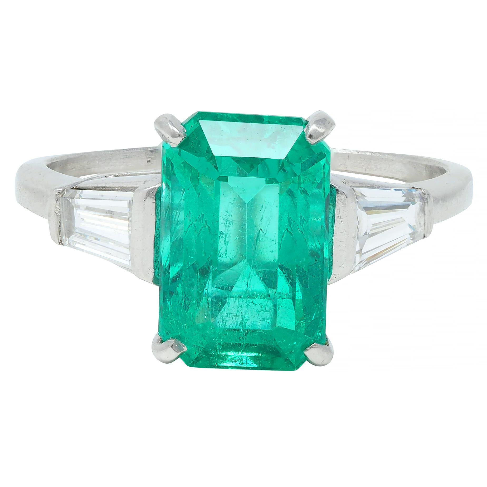 Mid-Century 3.43 CTW Colombian Emerald Diamond Platinum Three Stone Vintage Ring