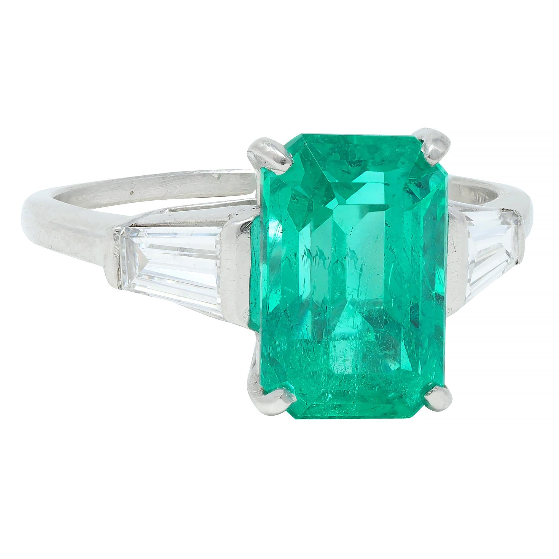 Mid-Century 3.43 CTW Colombian Emerald Diamond Platinum Three Stone Vintage Ring