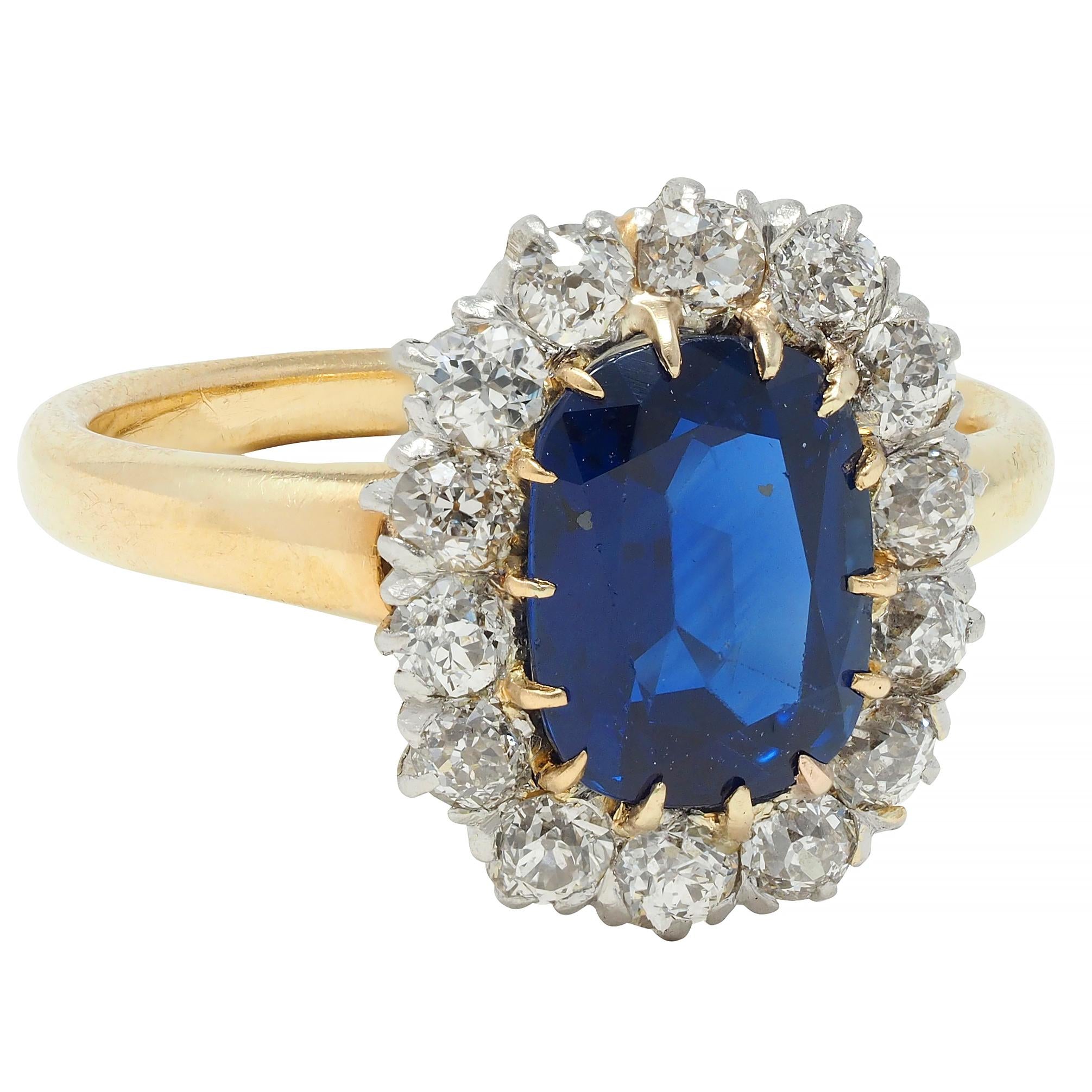 Edwardian 3.07 CTW No Heat Sapphire Diamond Platinum 18 Karat Gold Halo Ring