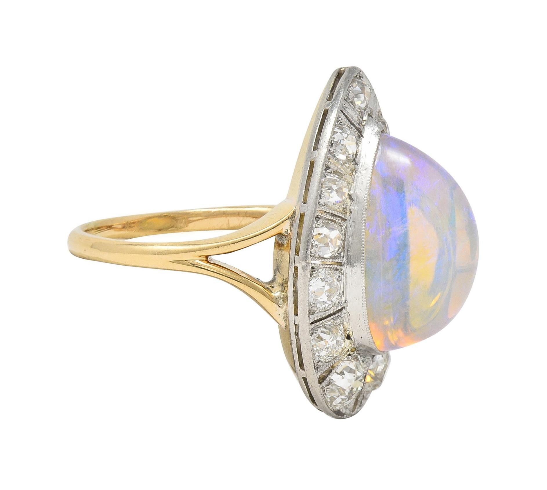 Edwardian Antique Pear Jelly Opal Diamond Platinum 14 Karat Gold Halo Ring