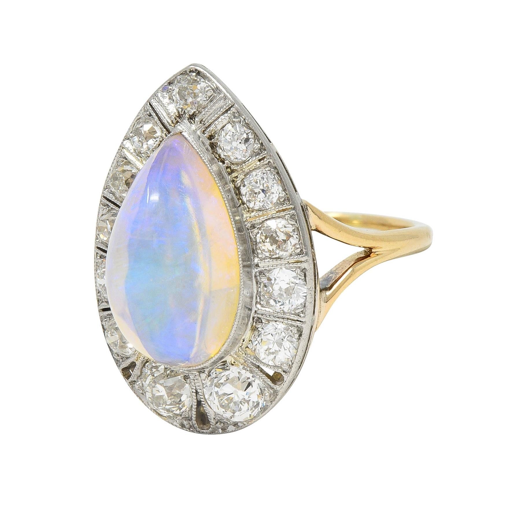 Edwardian Antique Pear Jelly Opal Diamond Platinum 14 Karat Gold Halo Ring