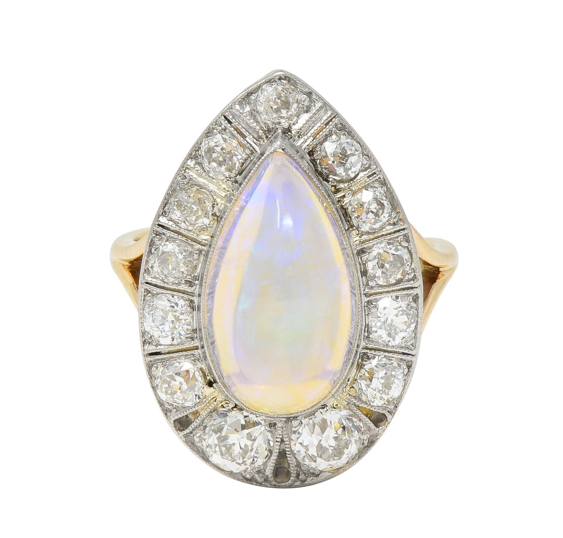 Edwardian Antique Pear Jelly Opal Diamond Platinum 14 Karat Gold Halo Ring