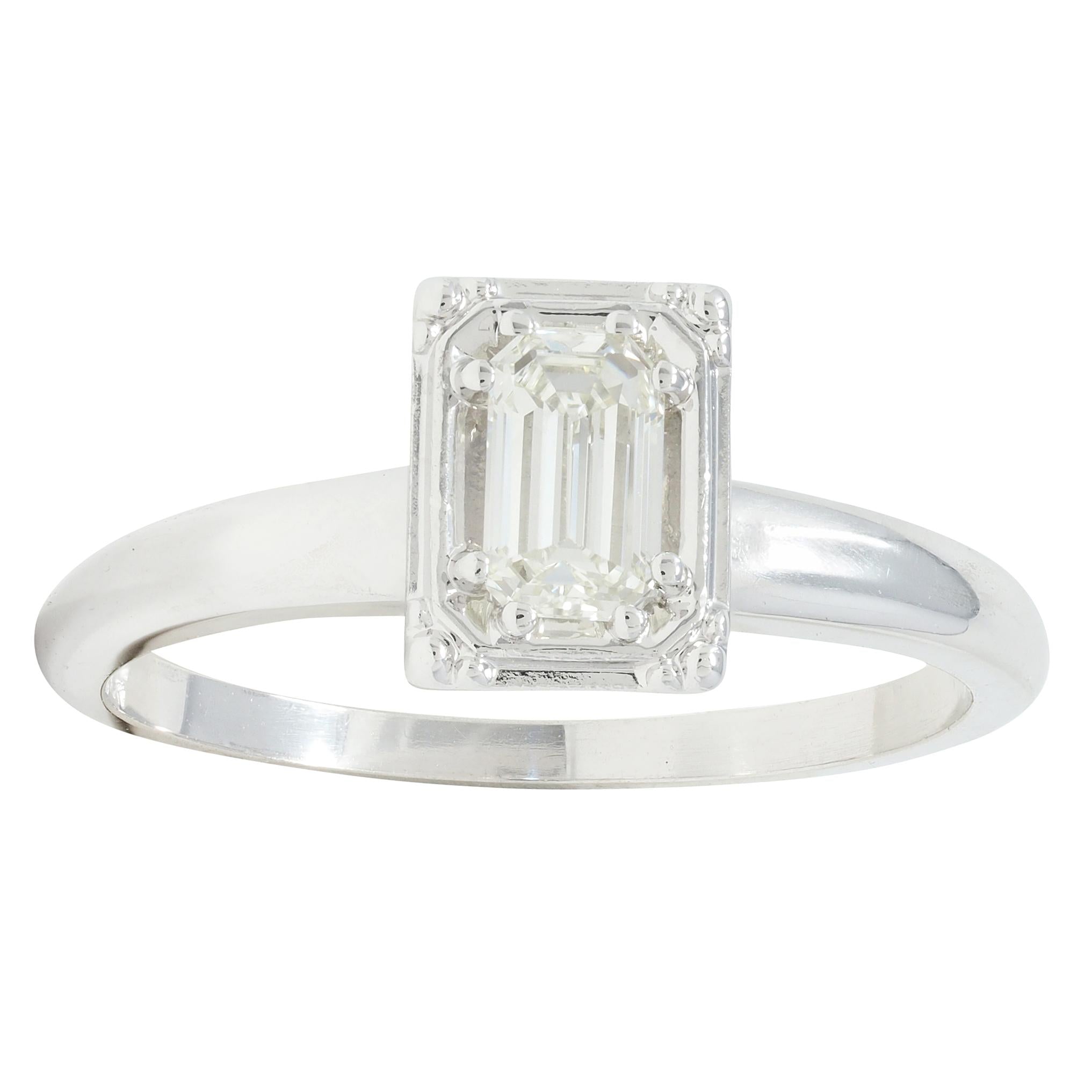 Vintage Mid-Century Emerald Cut Diamond 14 Karat White Gold Engagement Ring