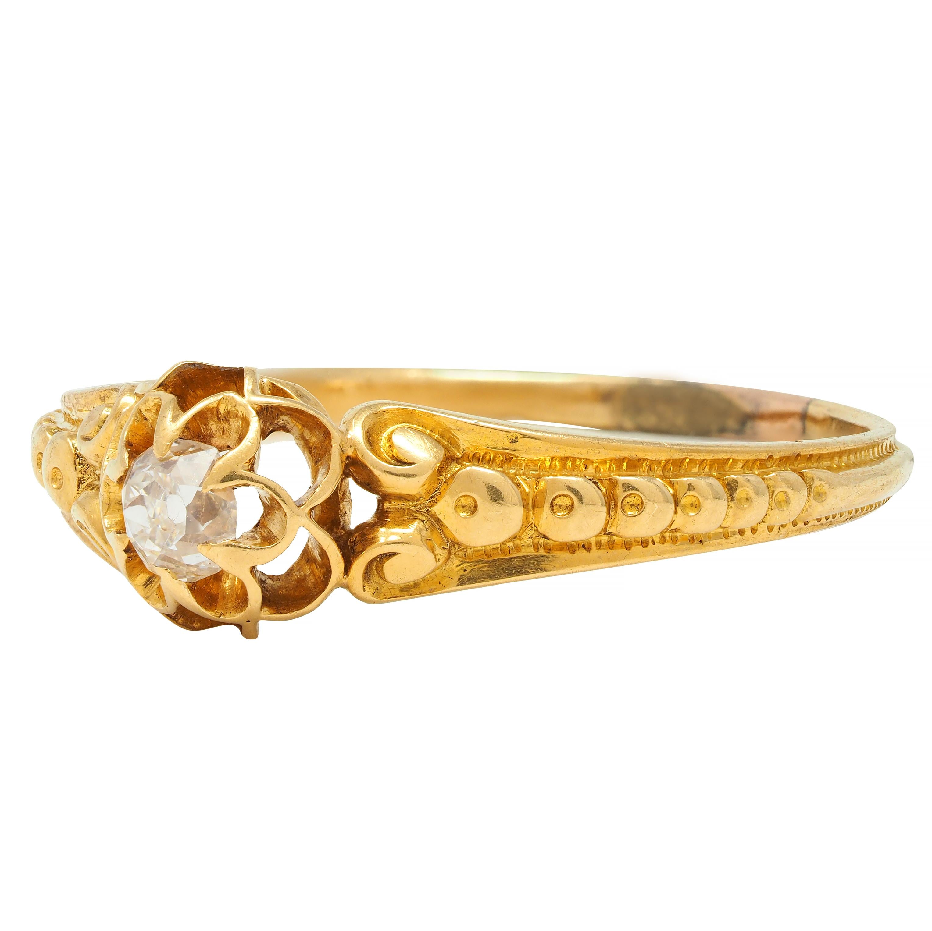 Victorian Old Mine Diamond 18 Karat Yellow Gold Belcher Antique Engagement Ring