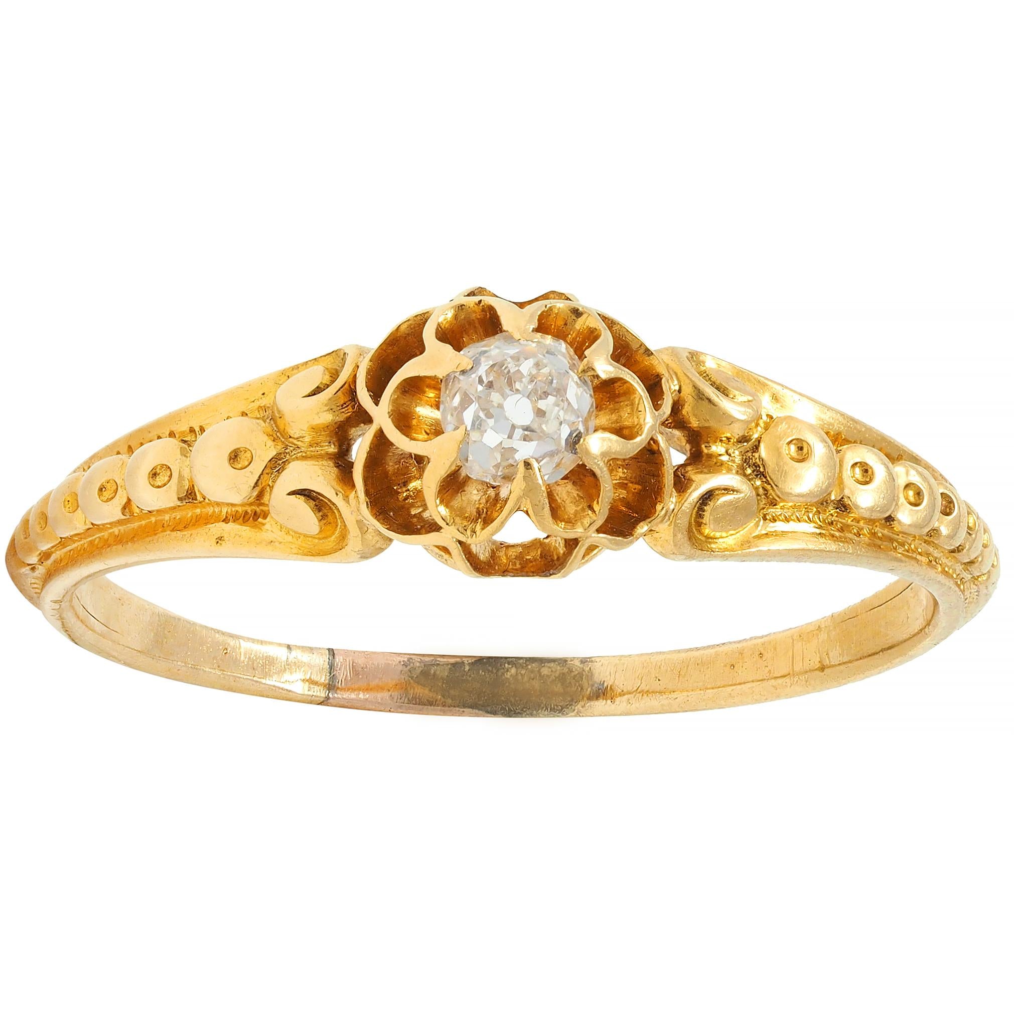 Victorian Old Mine Diamond 18 Karat Yellow Gold Belcher Antique Engagement Ring