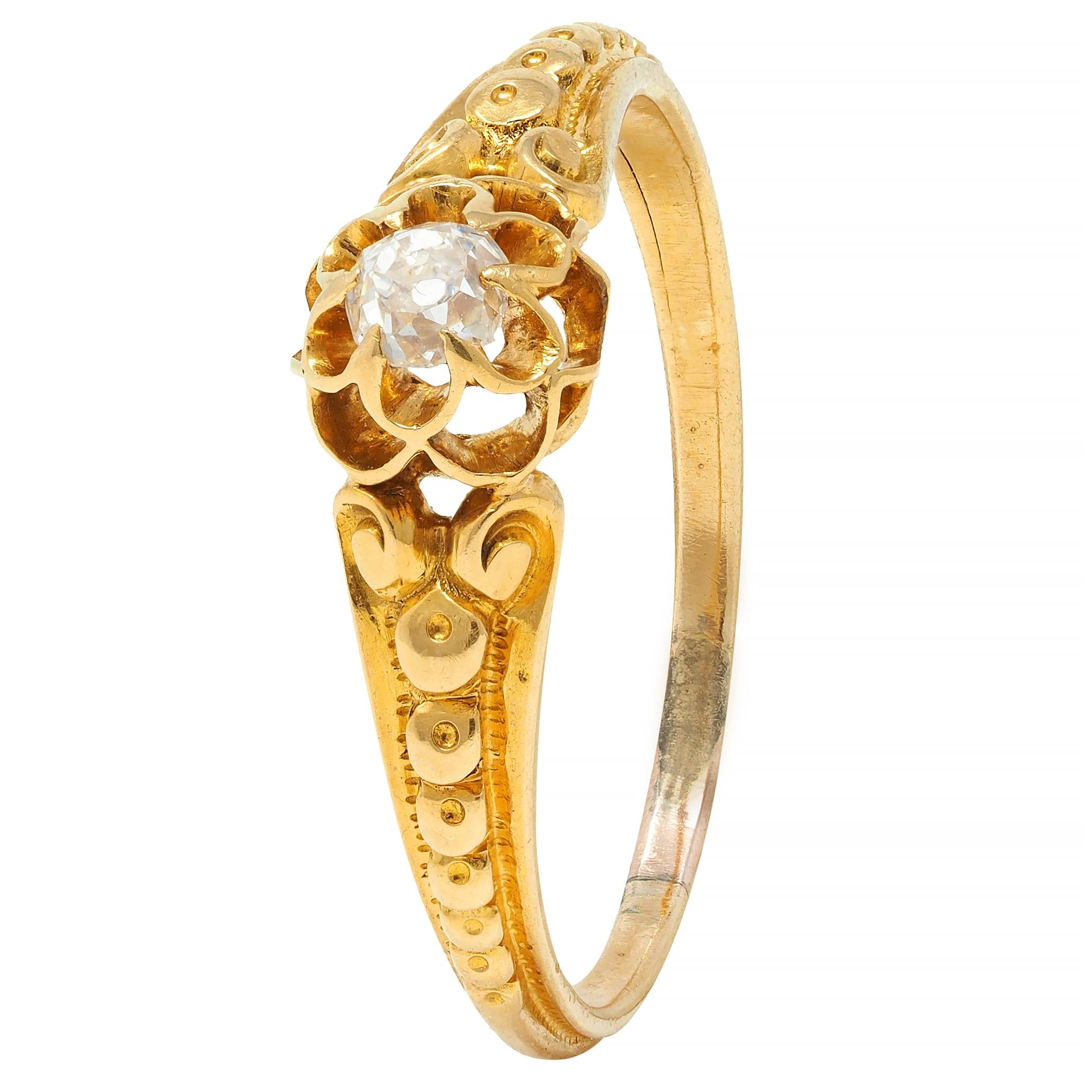 Victorian Old Mine Diamond 18 Karat Yellow Gold Belcher Antique Engagement Ring