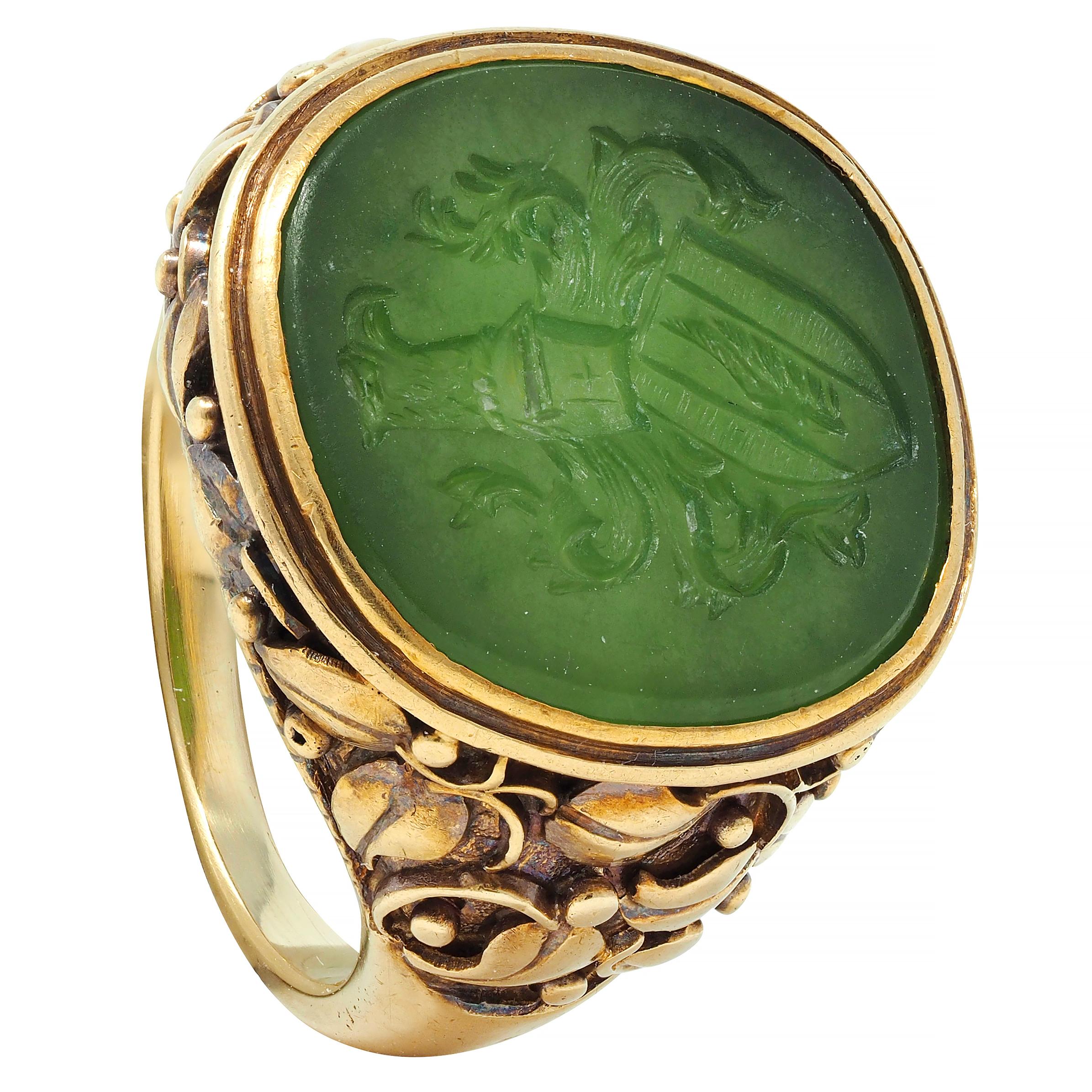 Victorian Nephrite Jade 14 Karat Yellow Gold Heraldry Intaglio Ivy Signet Ring