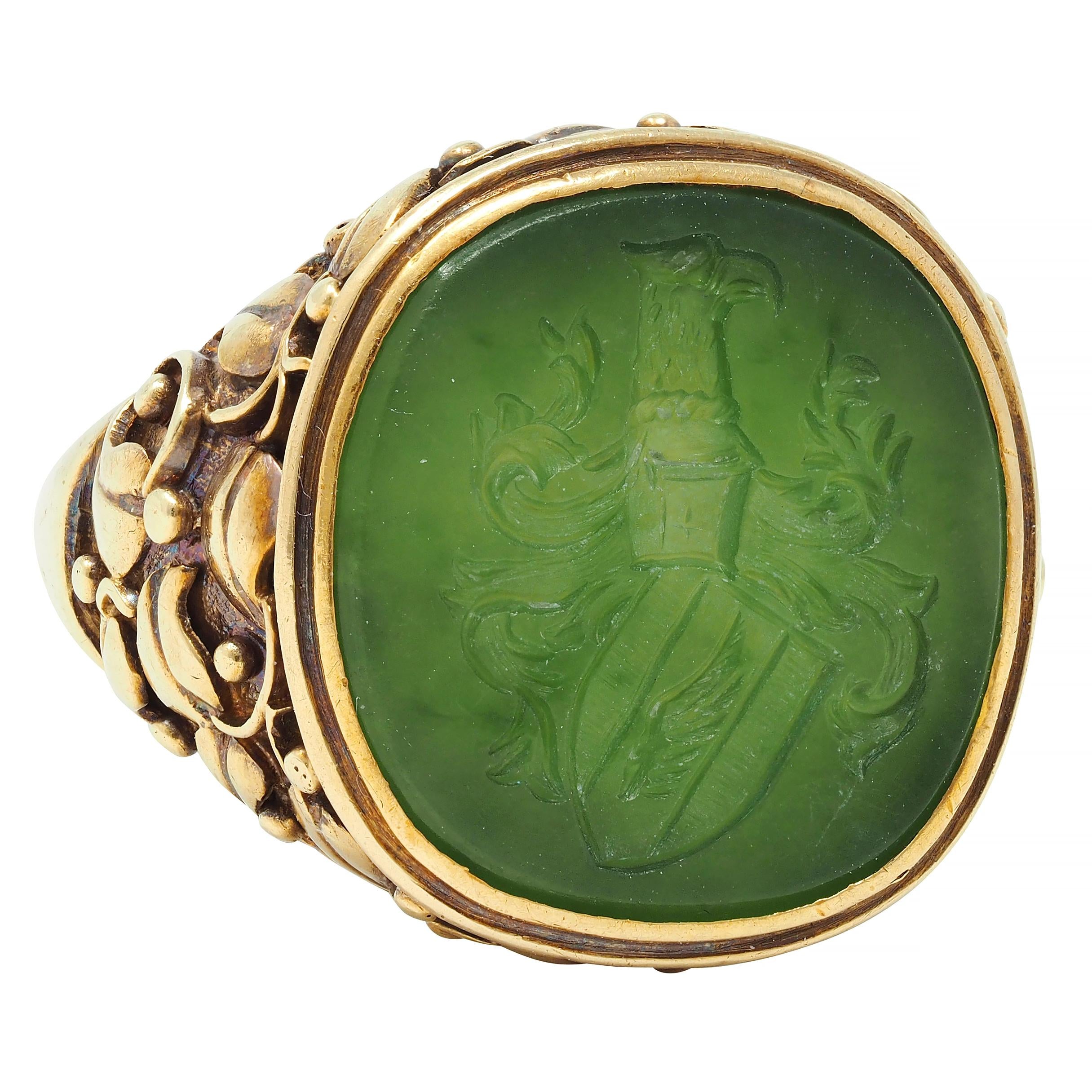 Victorian Nephrite Jade 14 Karat Yellow Gold Heraldry Intaglio Ivy Signet Ring