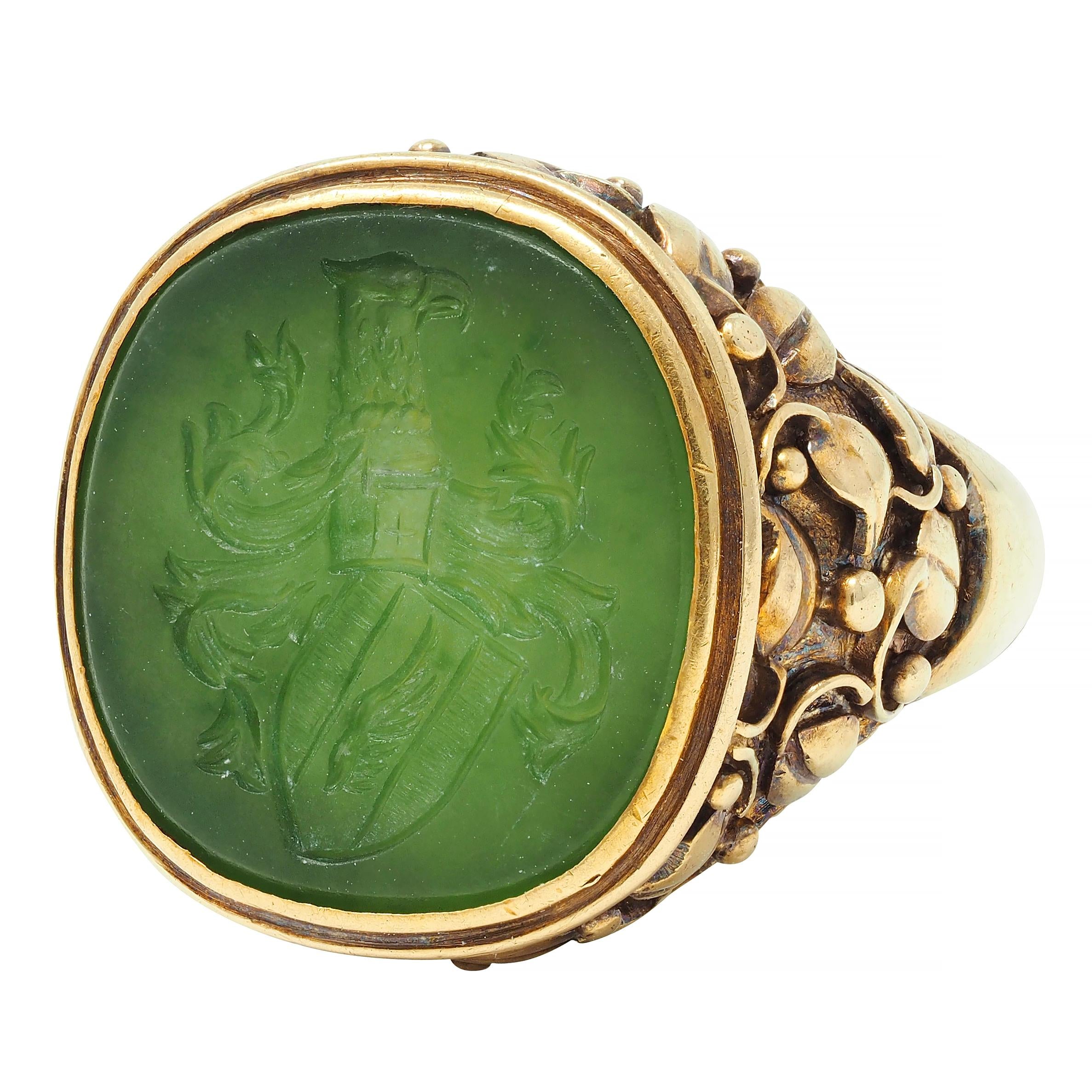 Victorian Nephrite Jade 14 Karat Yellow Gold Heraldry Intaglio Ivy Signet Ring