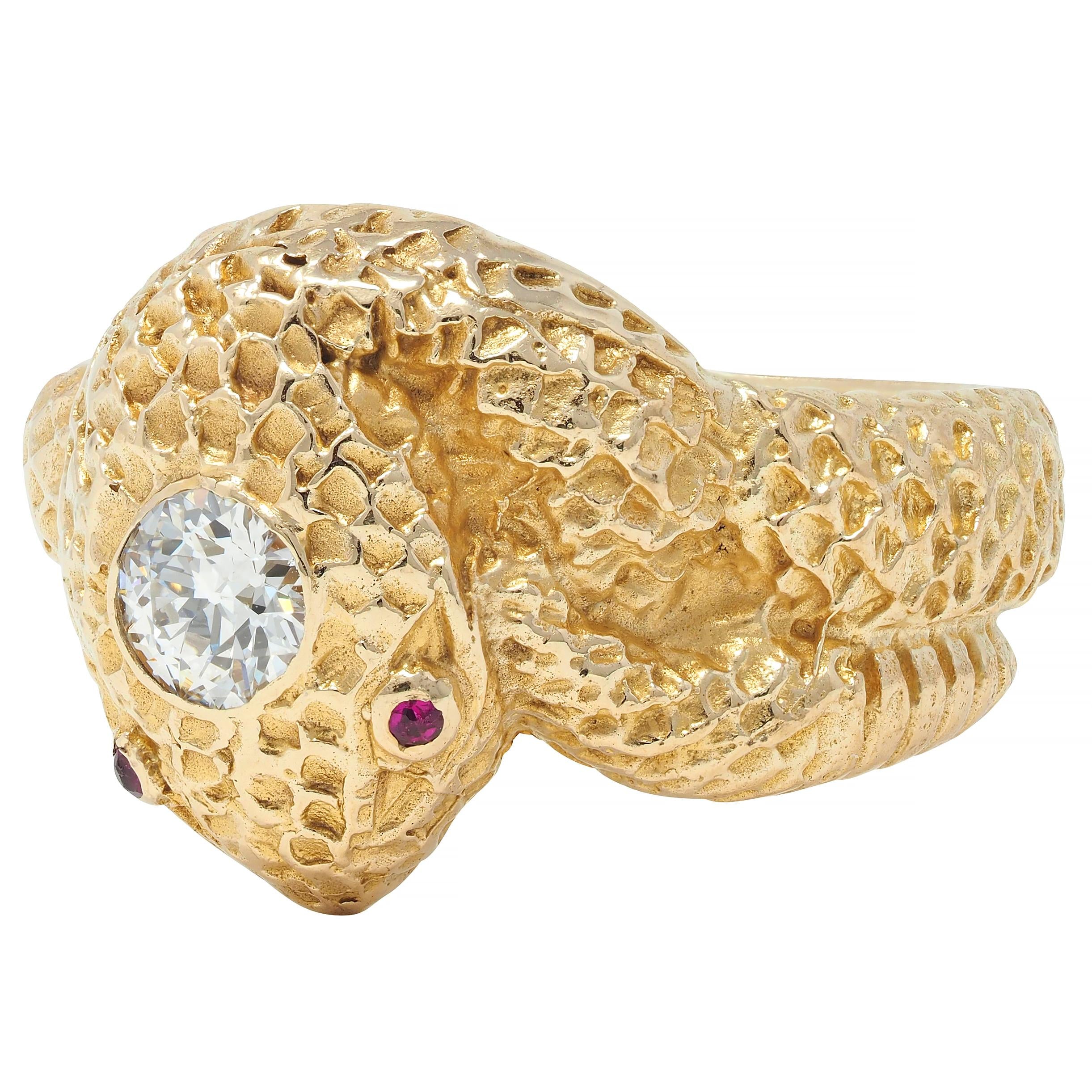 Victorian Old European Cut Diamond Ruby 10 Karat Yellow Gold Antique Snake Ring