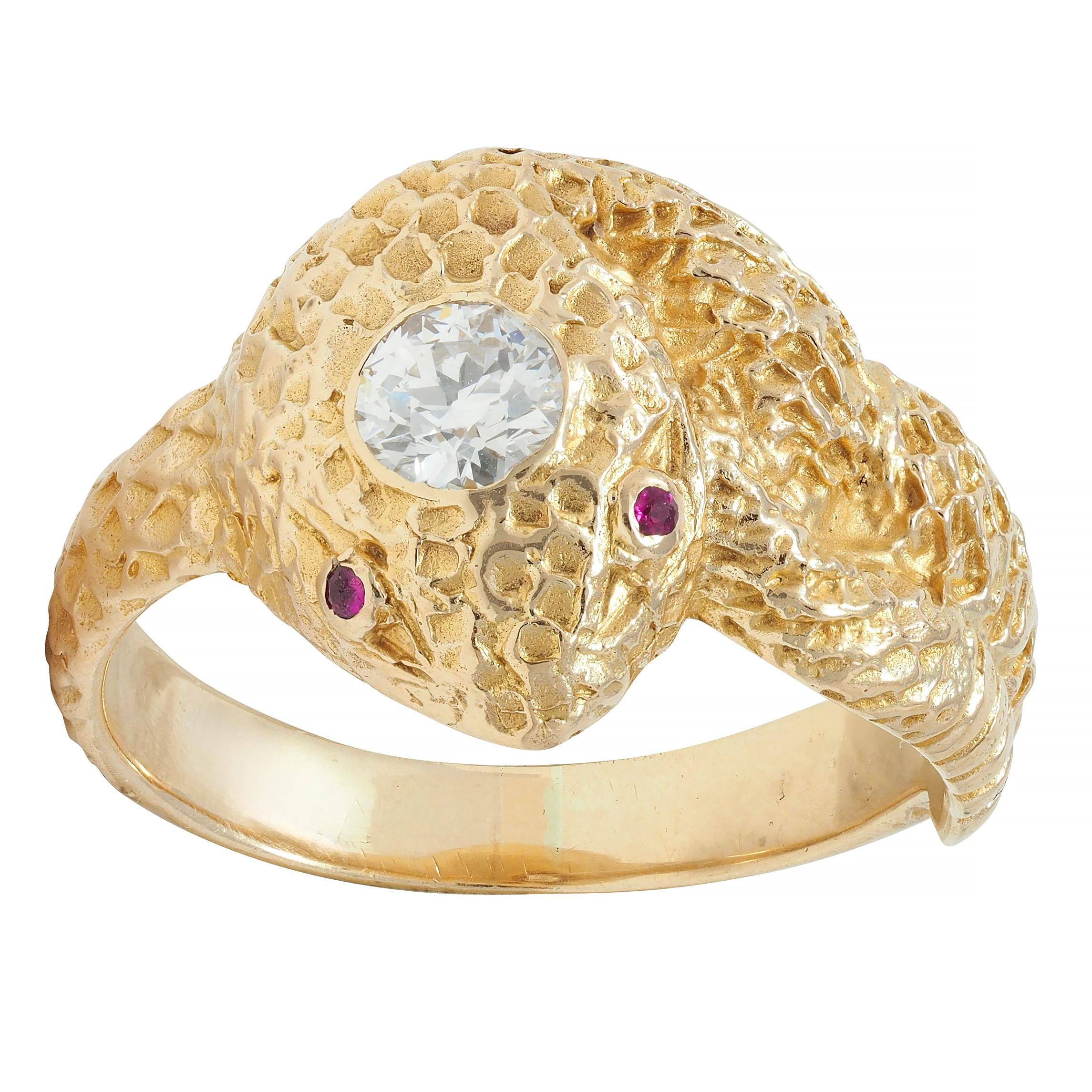 Victorian Old European Cut Diamond Ruby 10 Karat Yellow Gold Antique Snake Ring