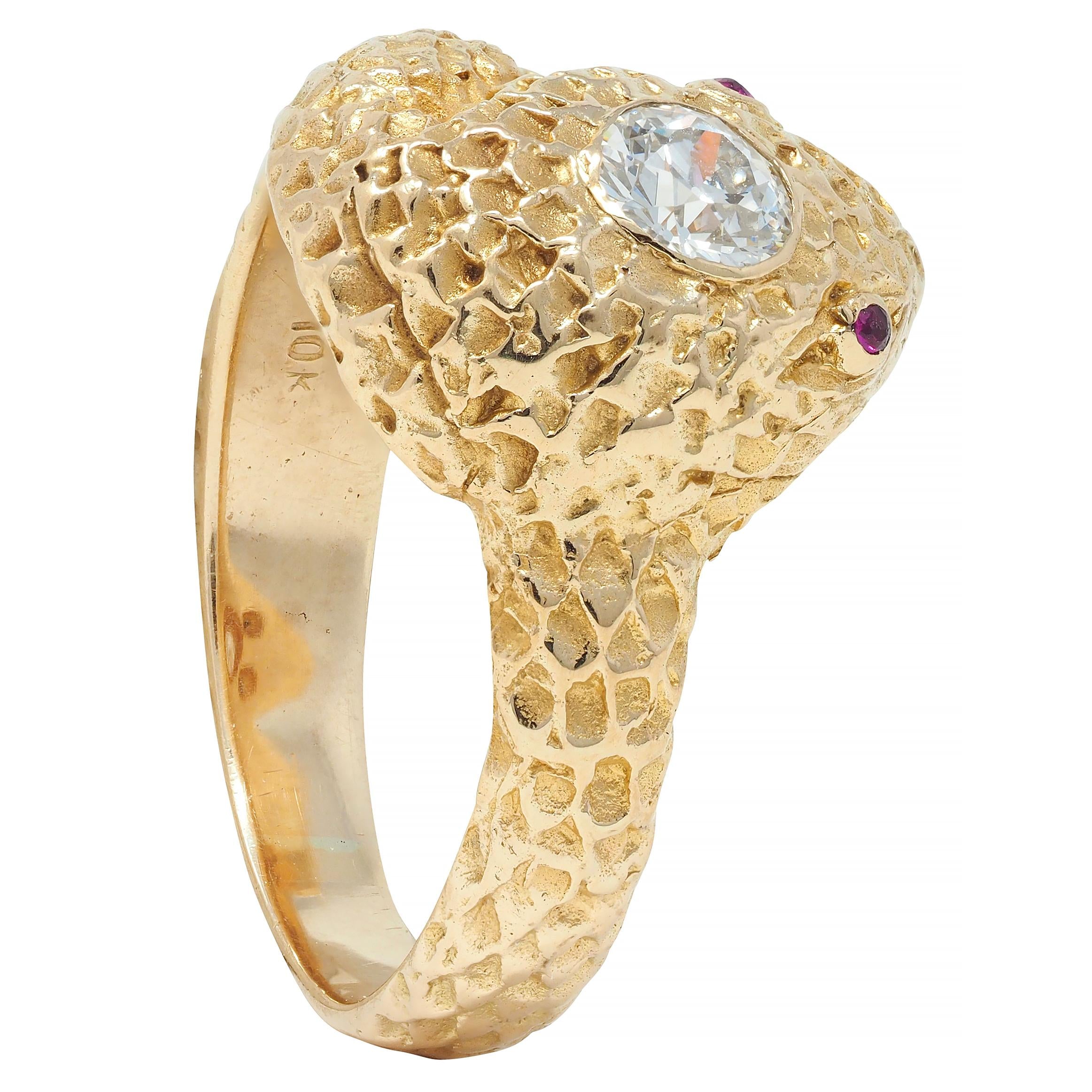 Victorian Old European Cut Diamond Ruby 10 Karat Yellow Gold Antique Snake Ring