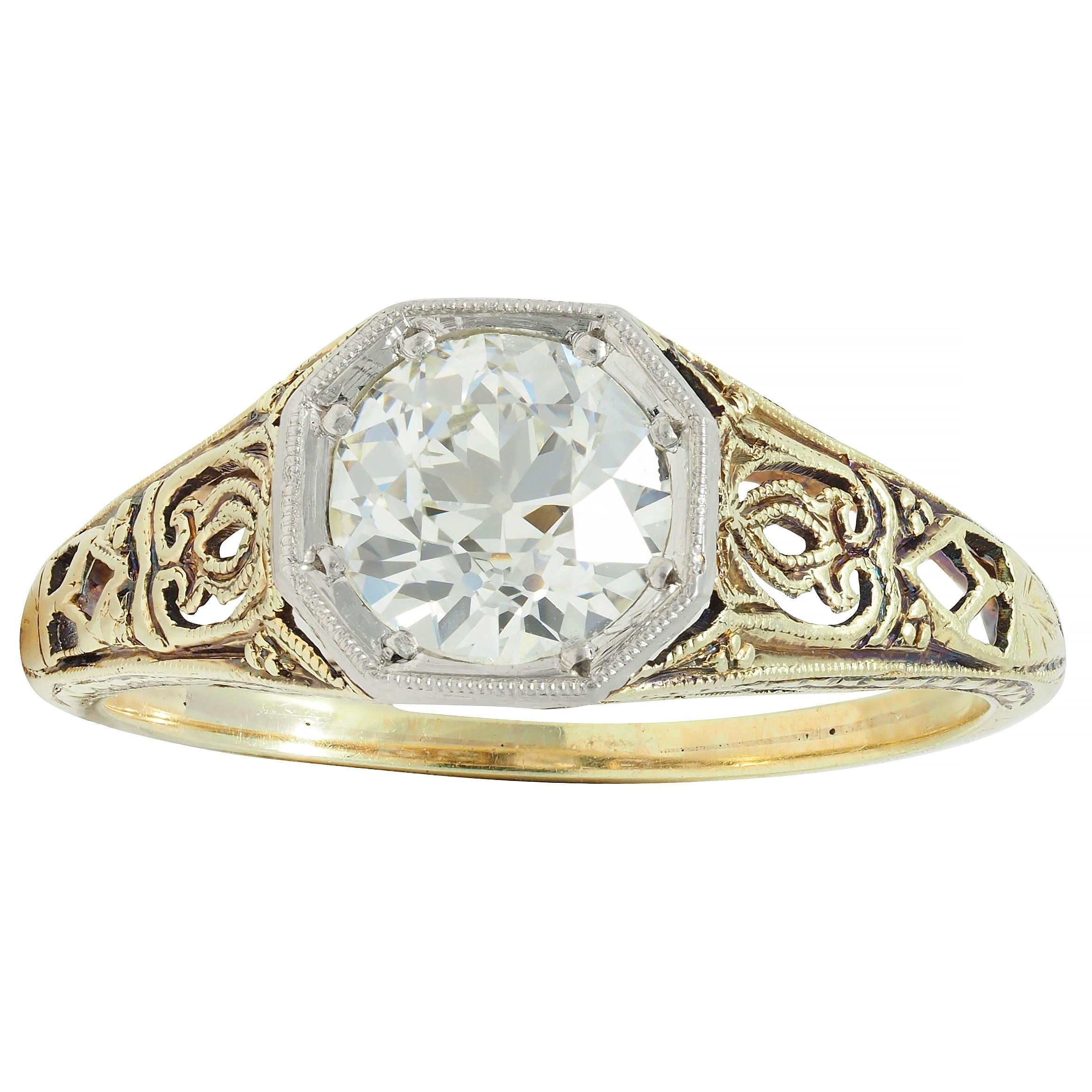 Art Deco Old European Cut Diamond Platinum 14 Karat Gold Antique Engagement Ring