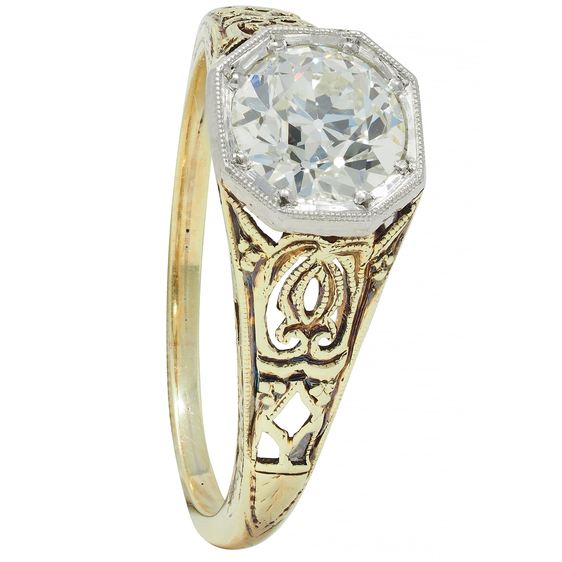 Art Deco Old European Cut Diamond Platinum 14 Karat Gold Antique Engagement Ring