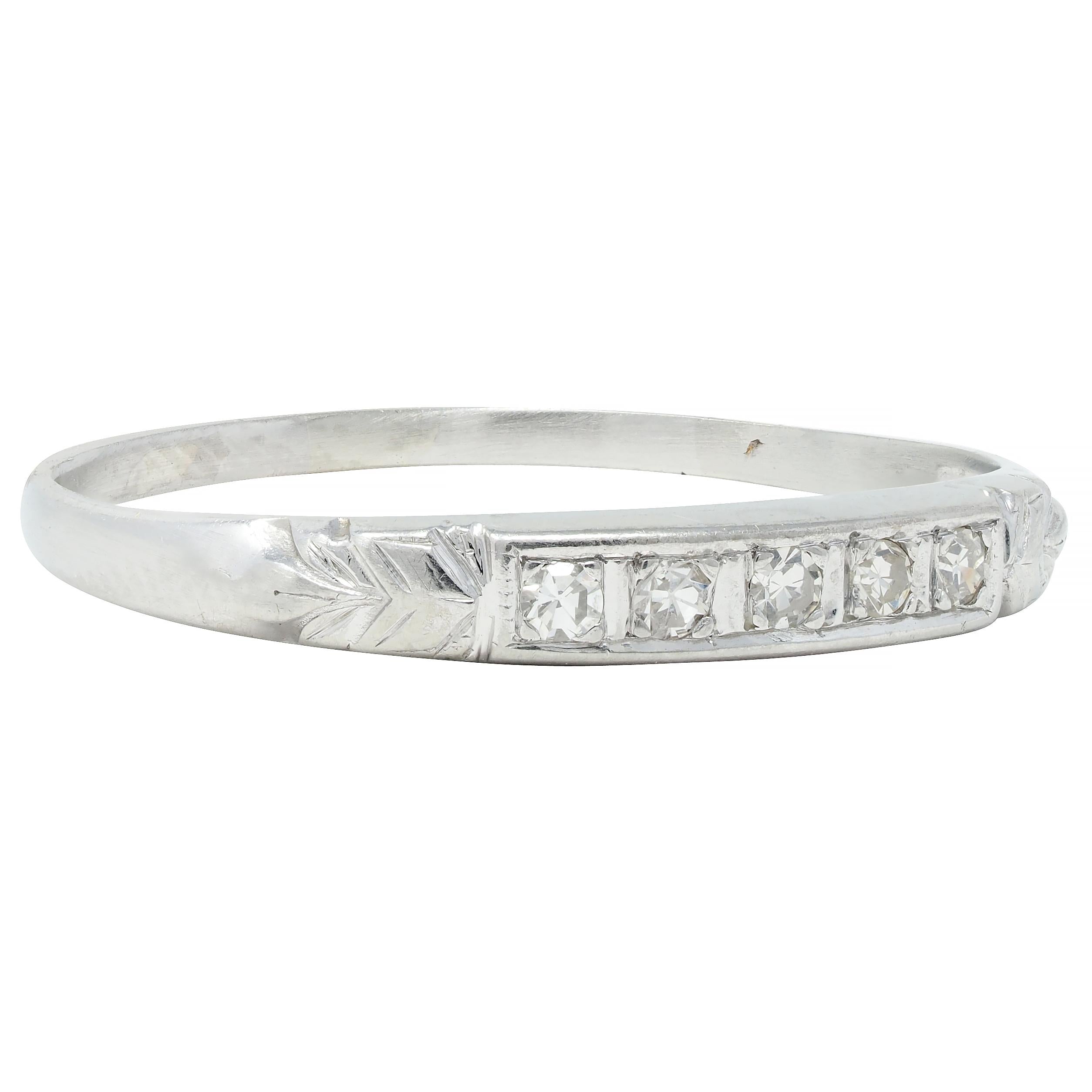 Art Deco Diamond 14 Karat White Gold Five Stone Vintage Wedding Band Ring