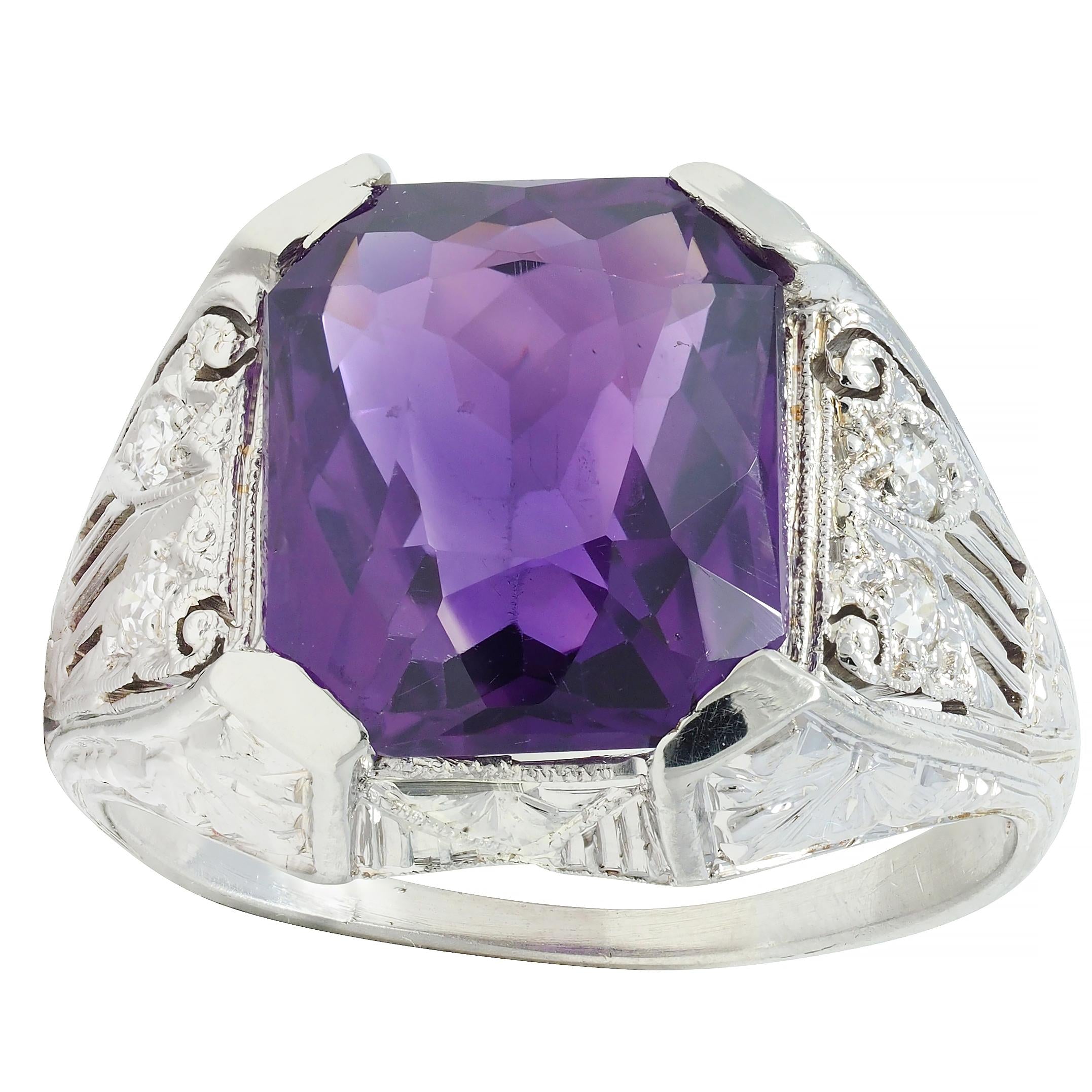 Jones & Woodland CO. Art Deco Amethyst 18 Karat White Gold Antique Foliate Ring