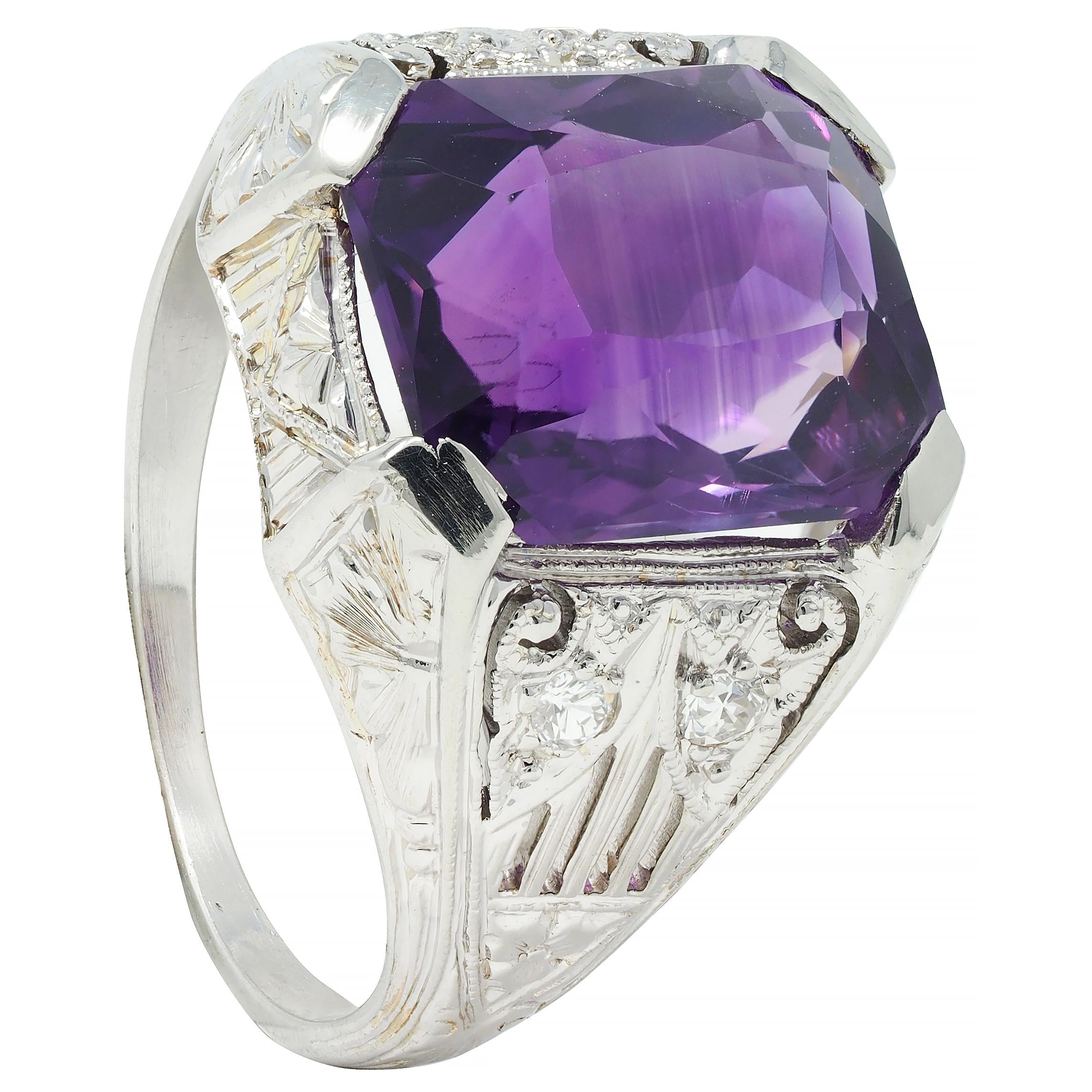 Jones & Woodland CO. Art Deco Amethyst 18 Karat White Gold Antique Foliate Ring