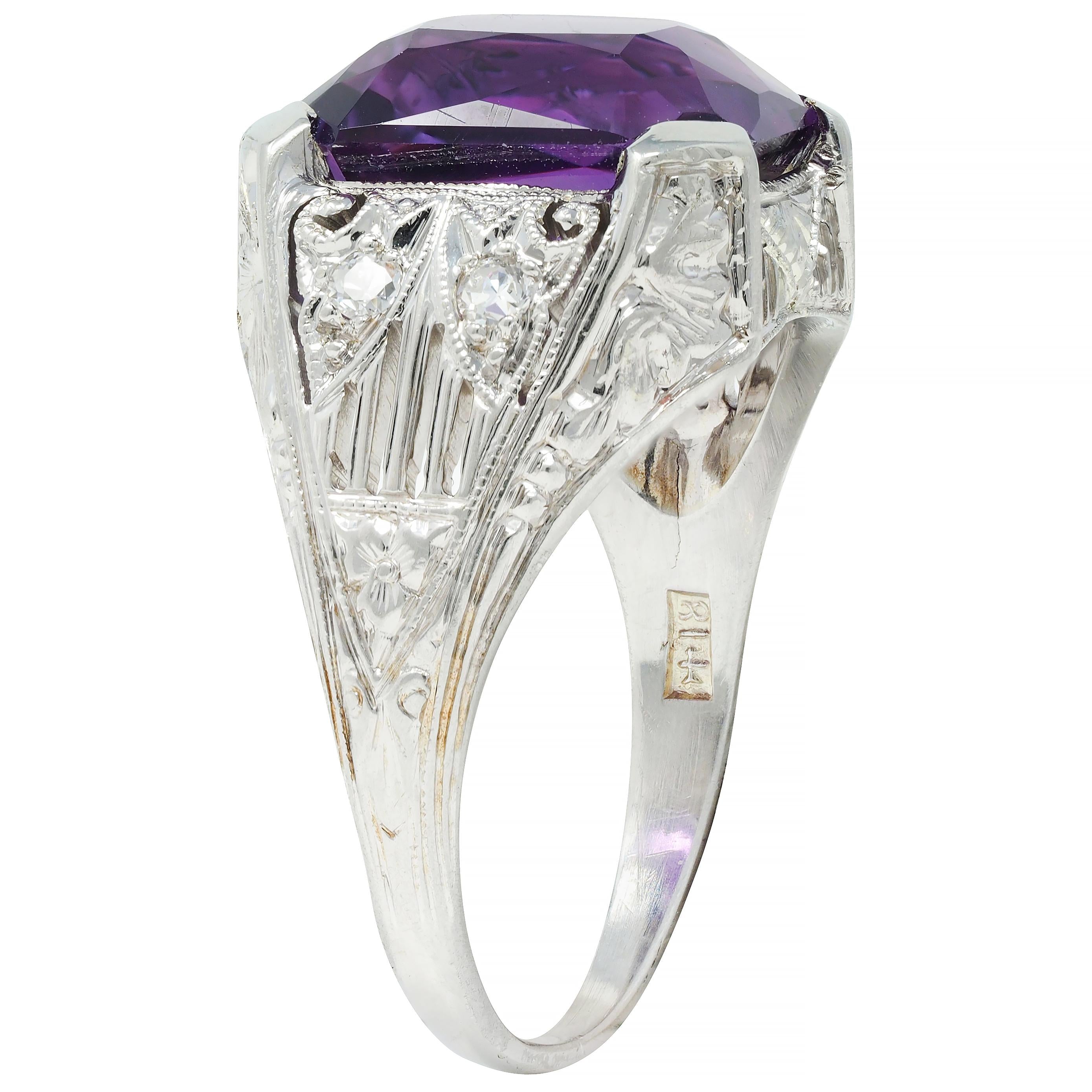 Jones & Woodland CO. Art Deco Amethyst 18 Karat White Gold Antique Foliate Ring