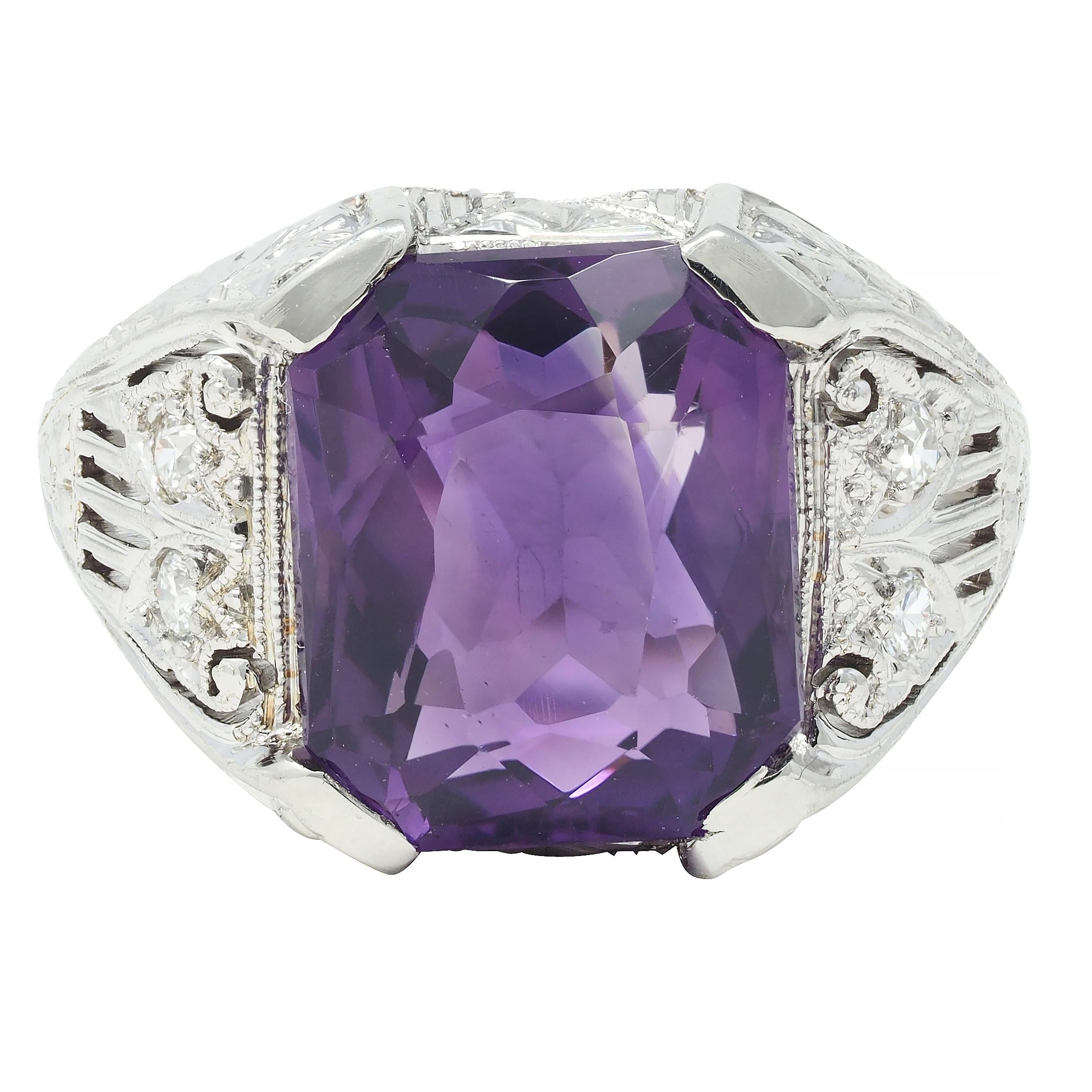 Jones & Woodland CO. Art Deco Amethyst 18 Karat White Gold Antique Foliate Ring