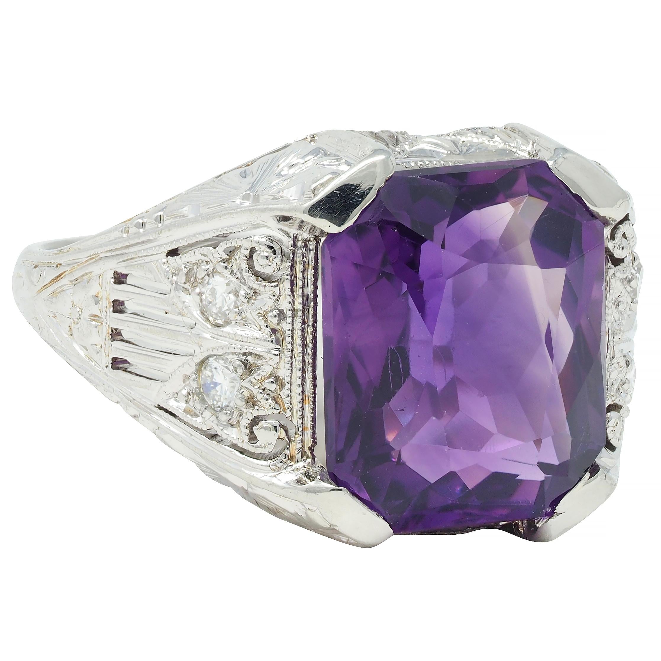 Jones & Woodland CO. Art Deco Amethyst 18 Karat White Gold Antique Foliate Ring