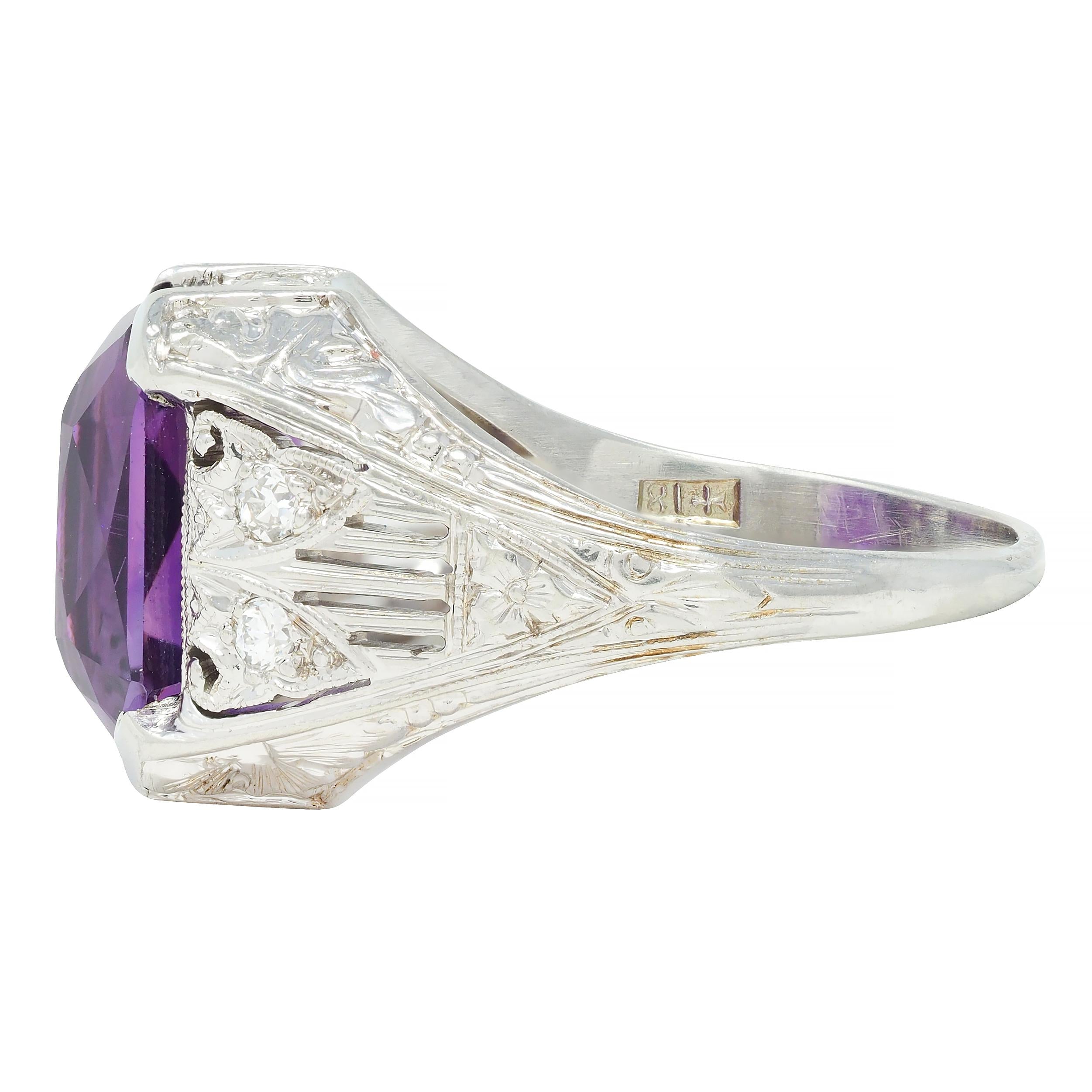 Jones & Woodland CO. Art Deco Amethyst 18 Karat White Gold Antique Foliate Ring