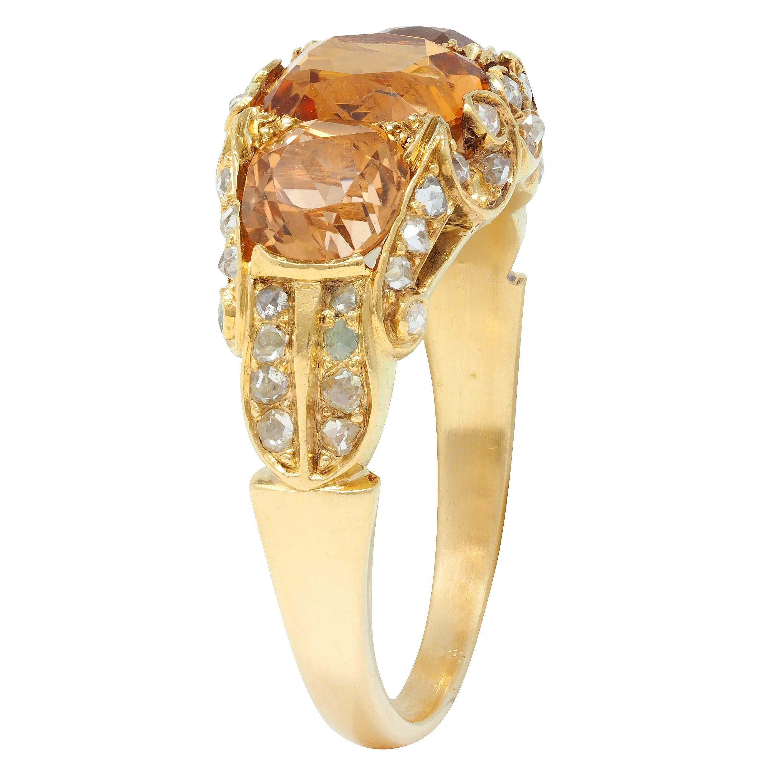 Victorian 4.00 CTW Topaz Diamond 18 Karat Gold Scroll Antique Three Stone Ring