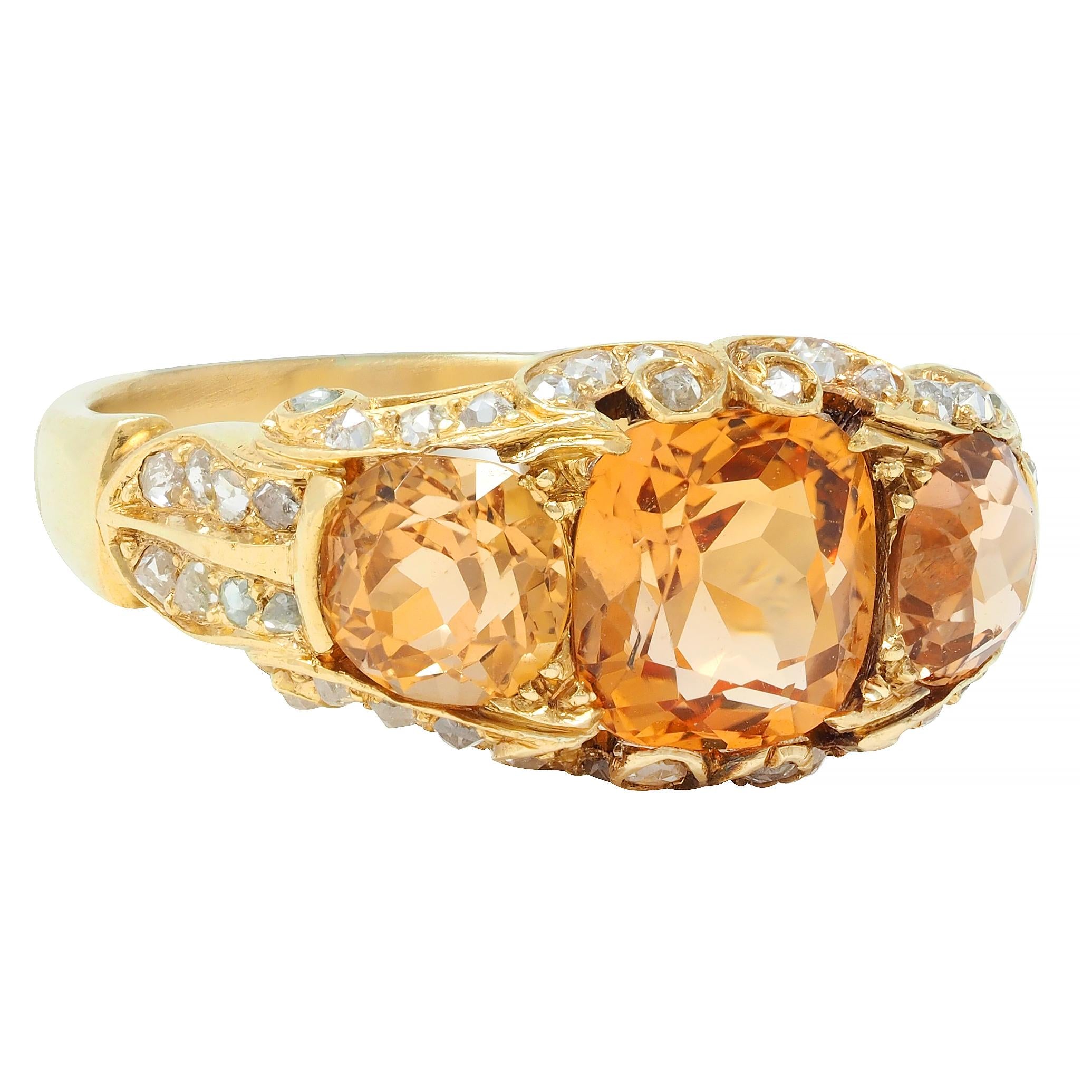 Victorian 4.00 CTW Topaz Diamond 18 Karat Gold Scroll Antique Three Stone Ring