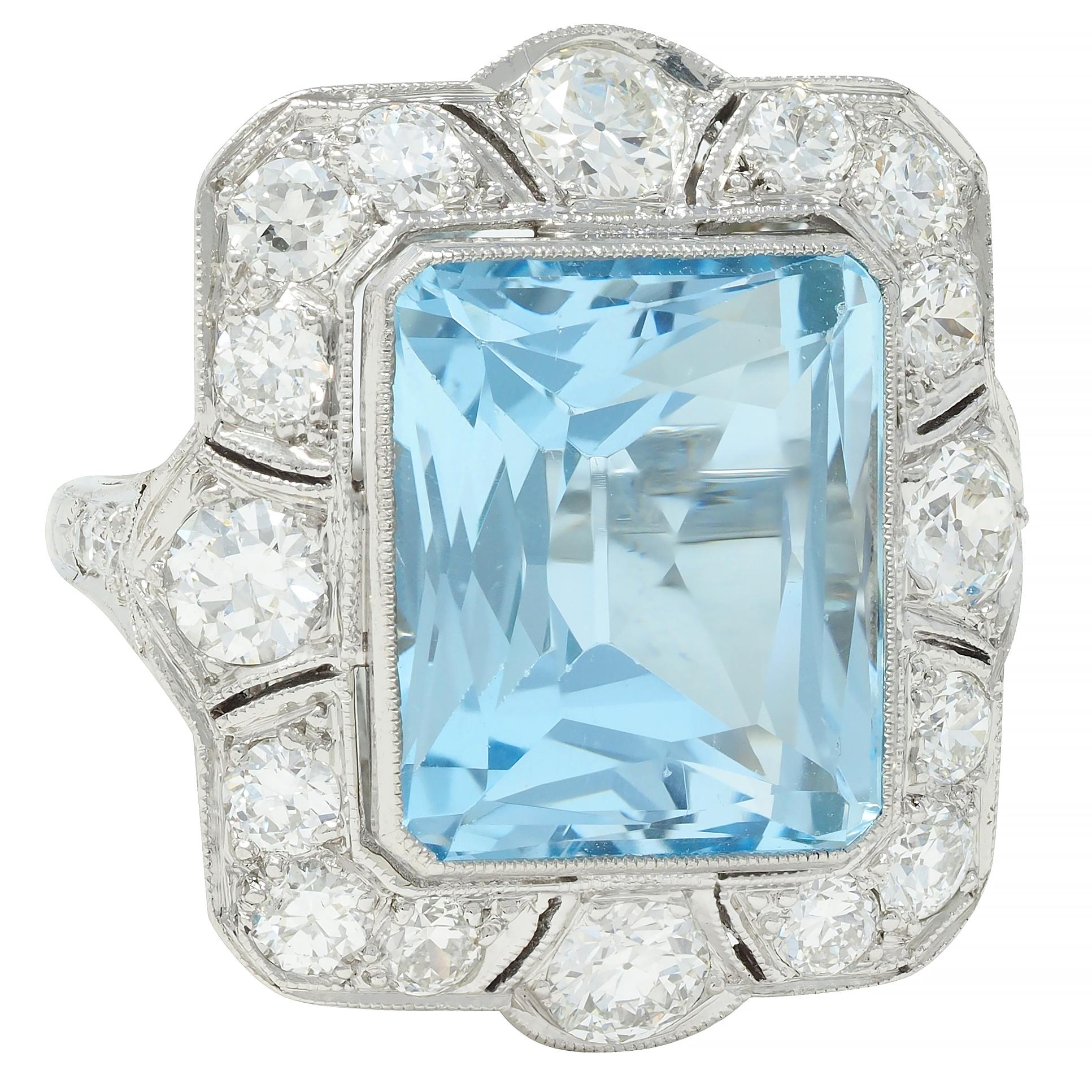 Art Deco 8.48 CTW Aquamarine Diamond Platinum Vintage Cocktail Ring