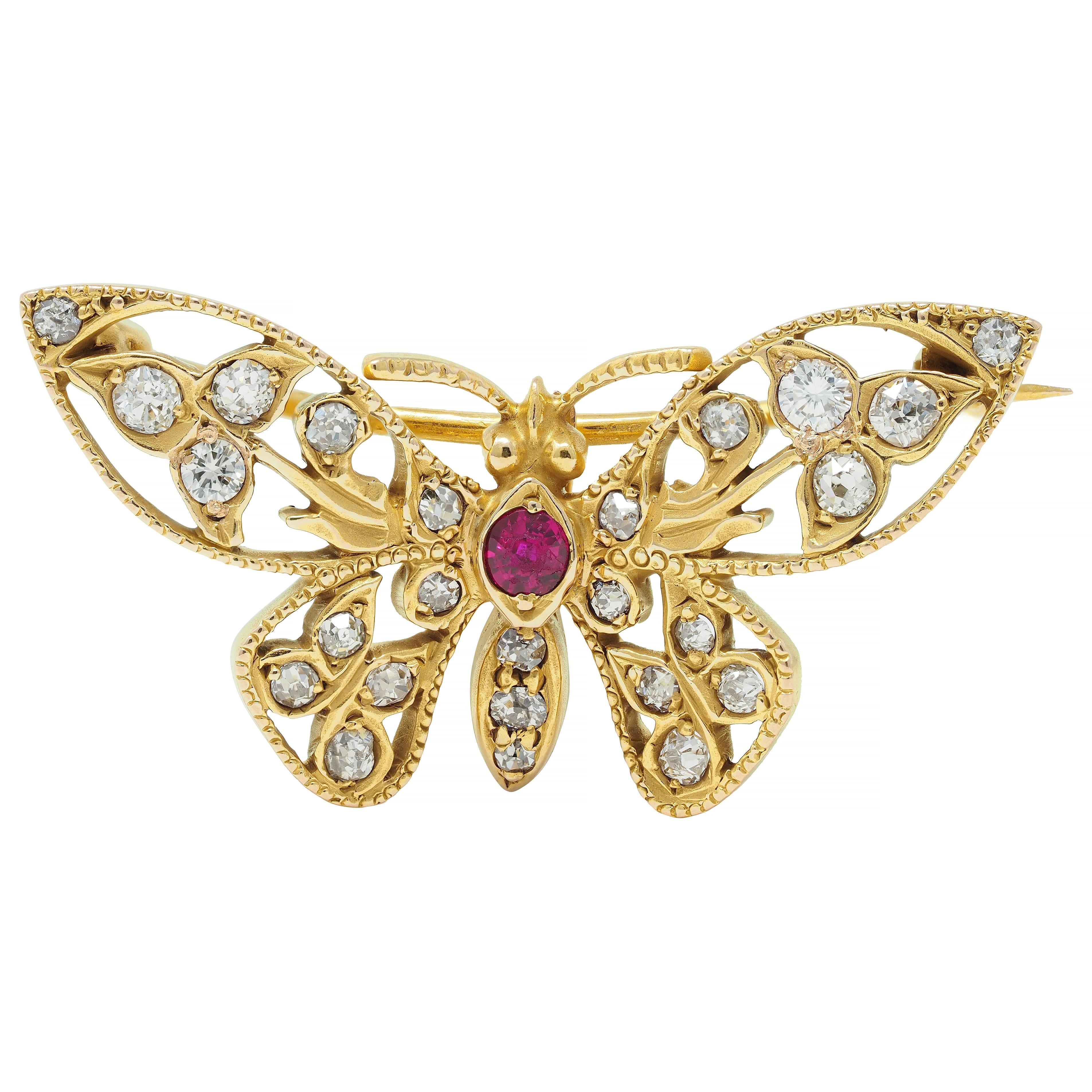 Art Nouveau Antique Ruby Diamond 14 Karat Yellow Gold Butterfly Brooch