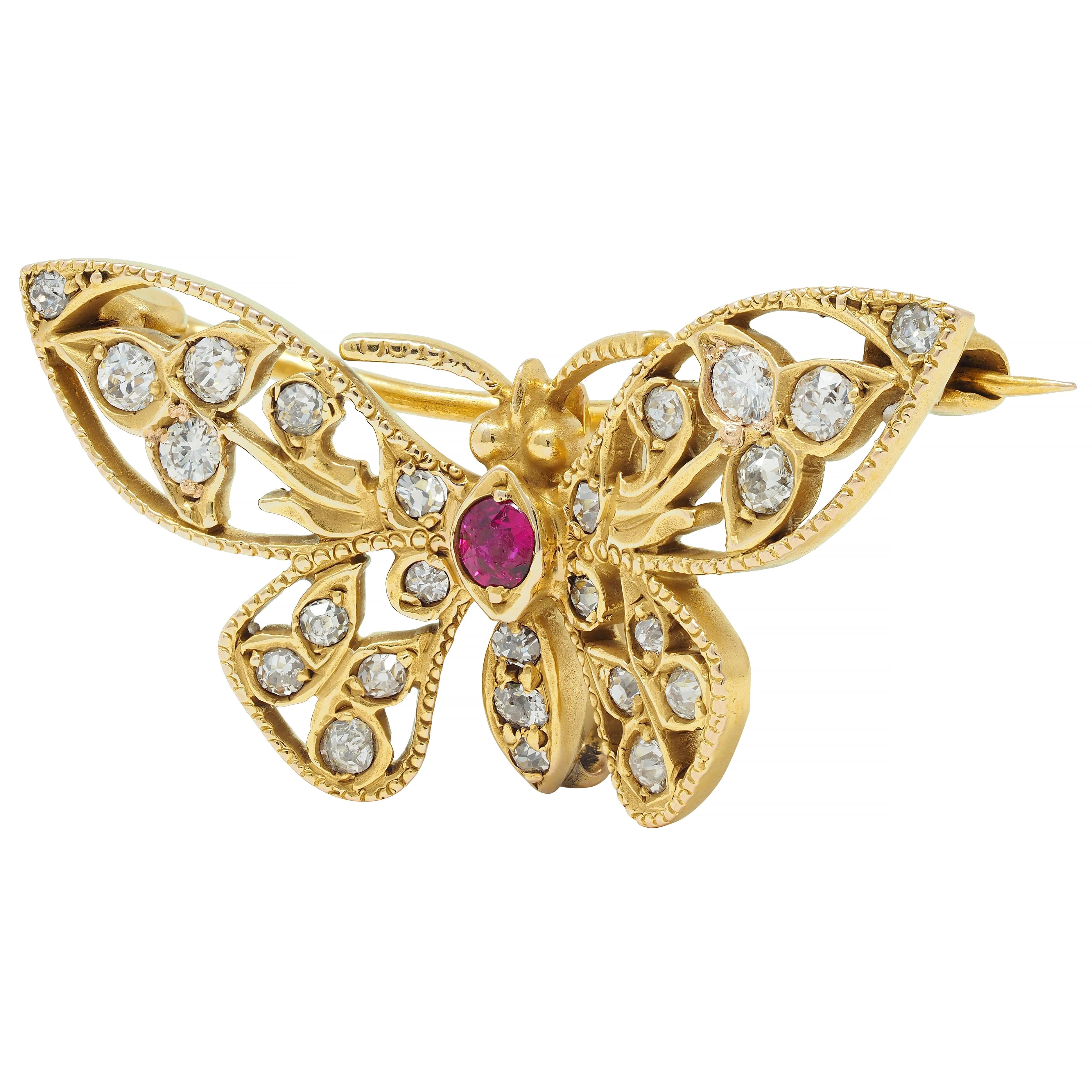 Art Nouveau Antique Ruby Diamond 14 Karat Yellow Gold Butterfly Brooch