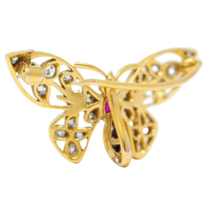 Art Nouveau Antique Ruby Diamond 14 Karat Yellow Gold Butterfly Brooch