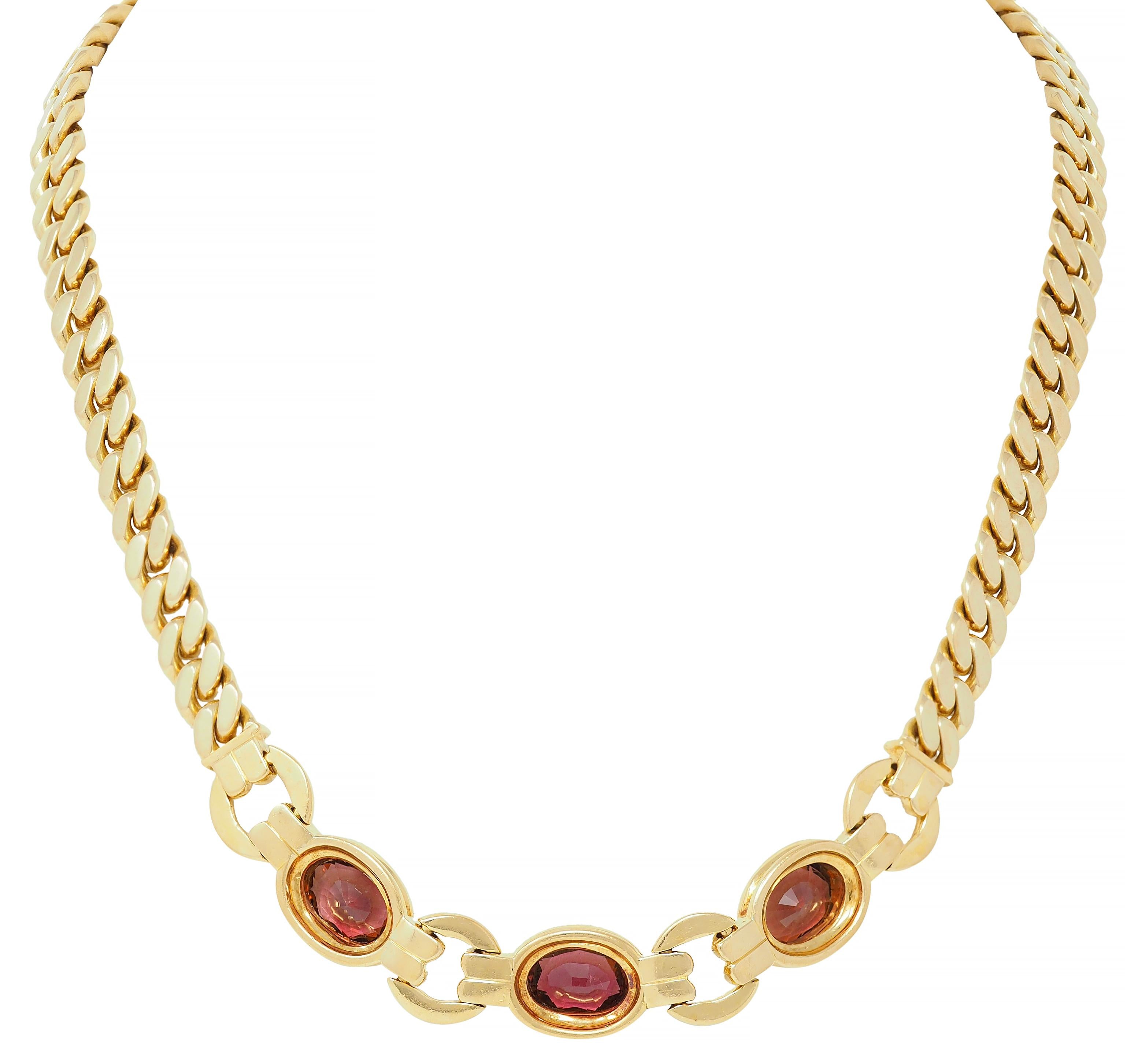 Bulgari 1980's Diamond Tourmaline 18K Yellow Gold Curb Link Vintage Necklace