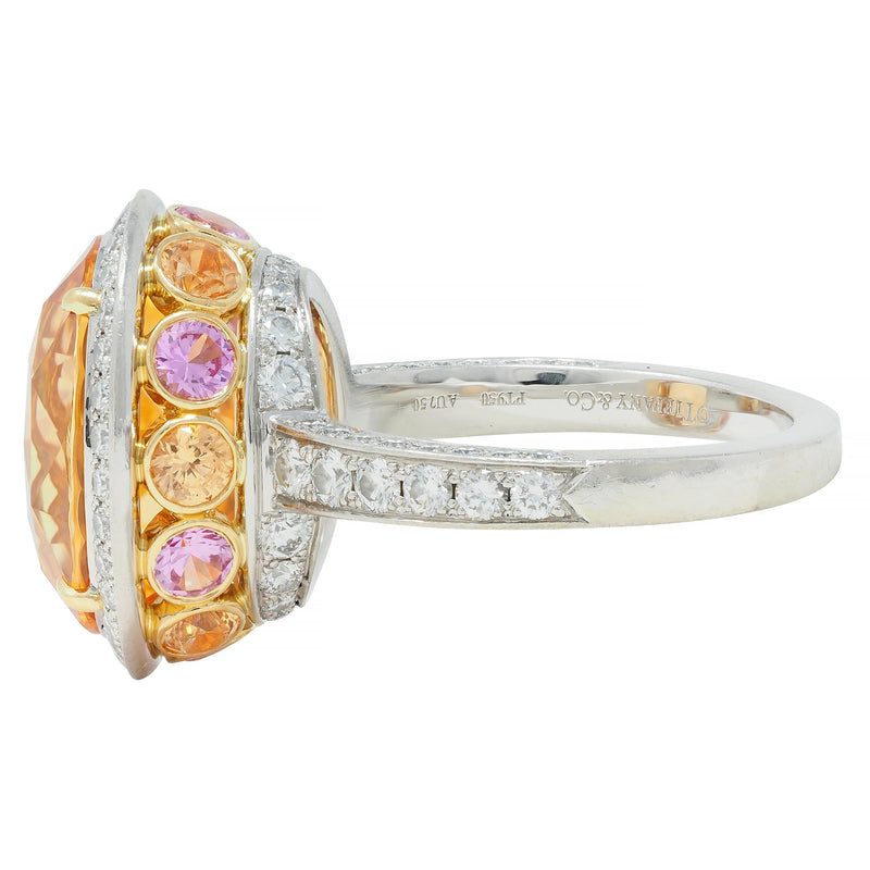 Tiffany & Co. 14.02 CTW No Heat Ceylon Golden & Pink Sapphire Diamond Halo Ring