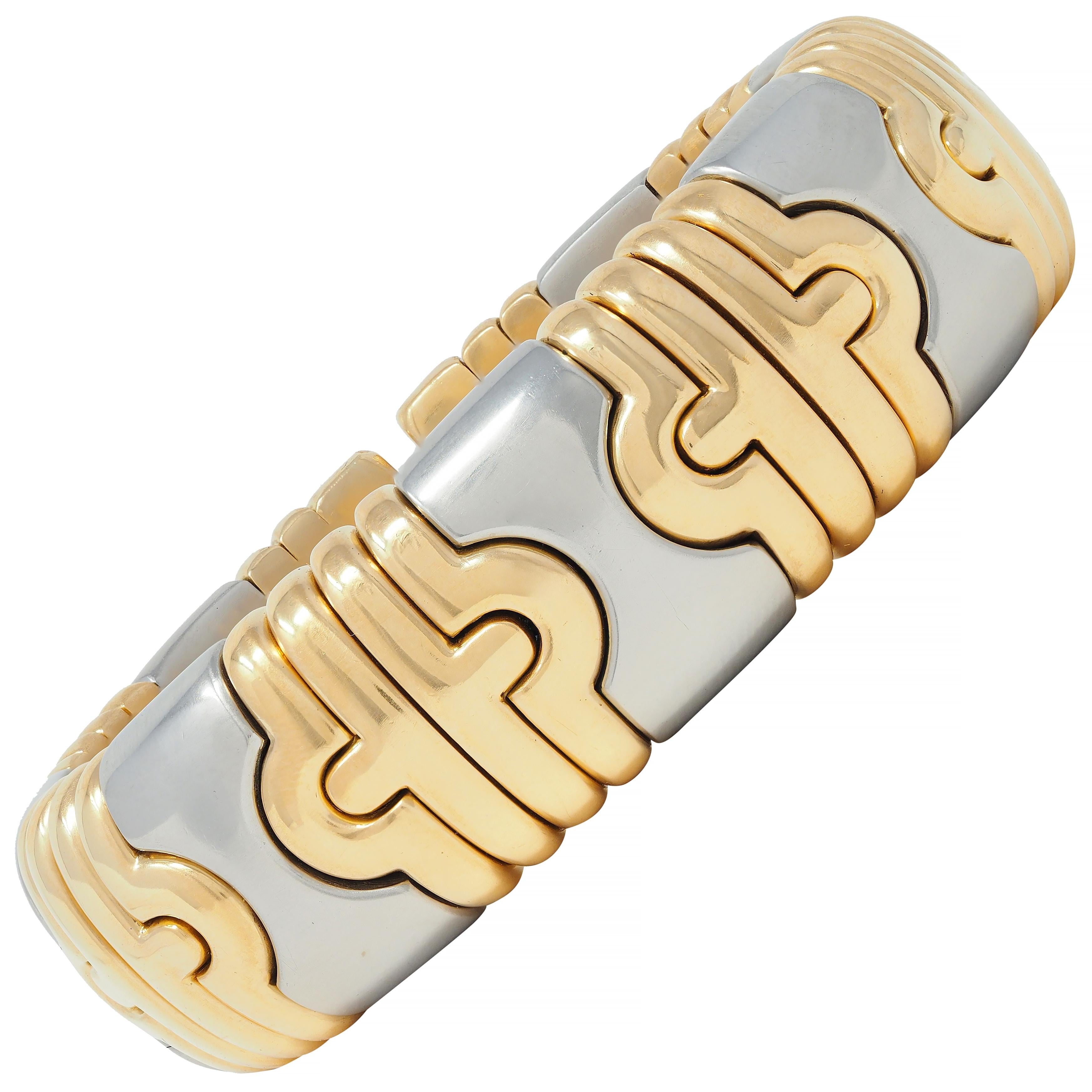 Bulgari 1990s 18 Karat Gold Stainless Steel Parentesi Vintage Wide Cuff Bracelet