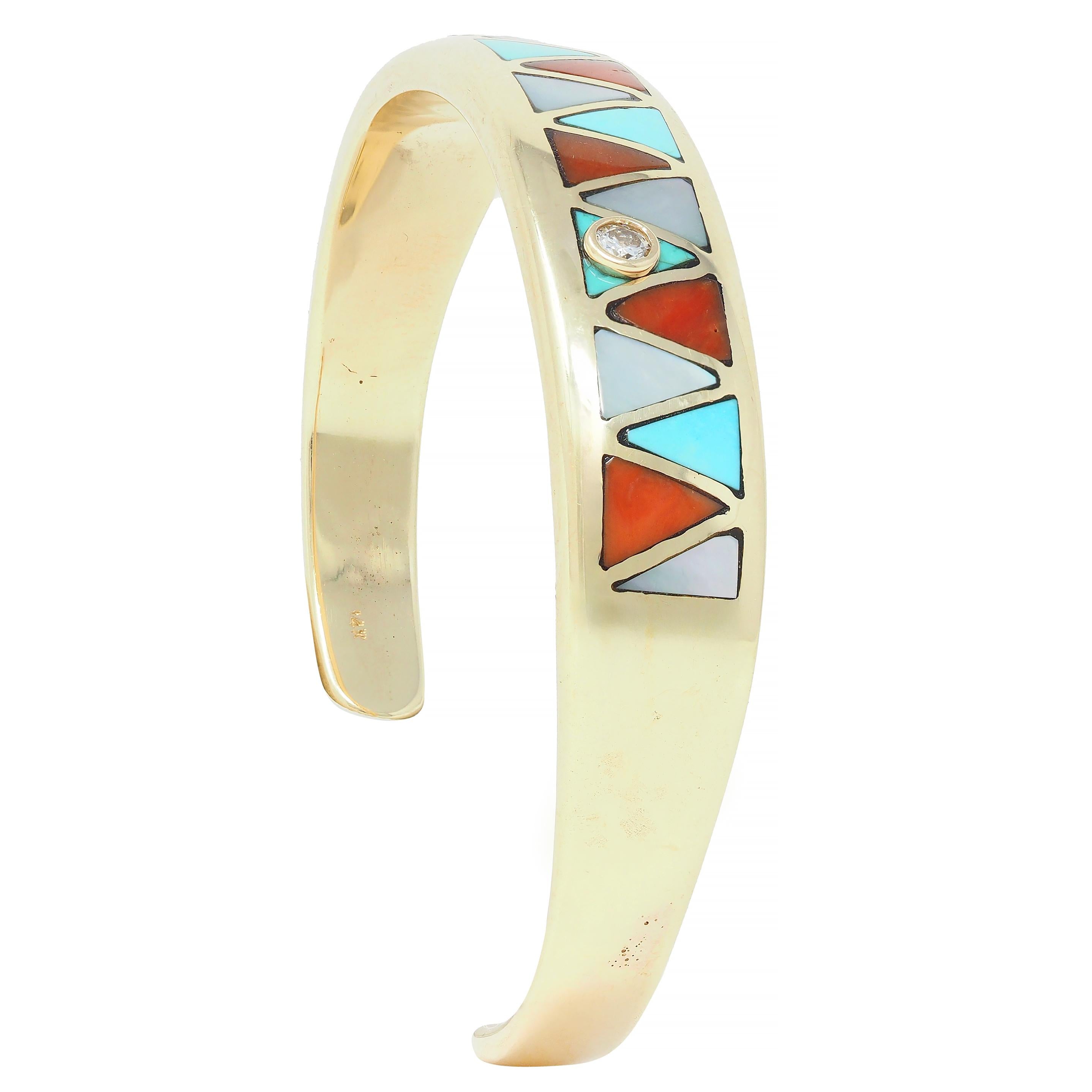 Vintage Diamond Turquoise Carnelian Mother-Of-Pearl 14K Gold Inlay Cuff Bracelet