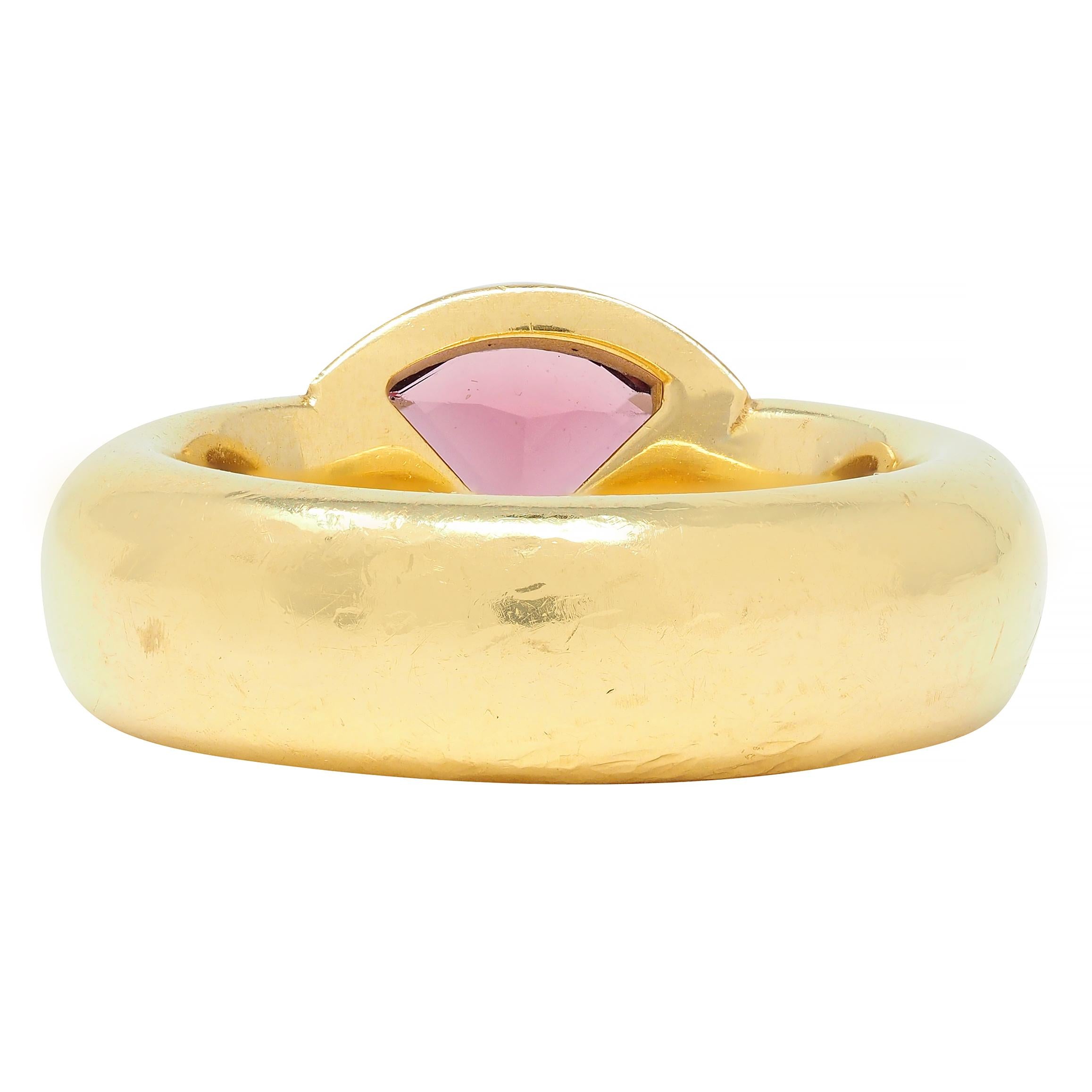 Contemporary Triangular Pink Topaz Diamond 18 Karat Yellow Gold Ring