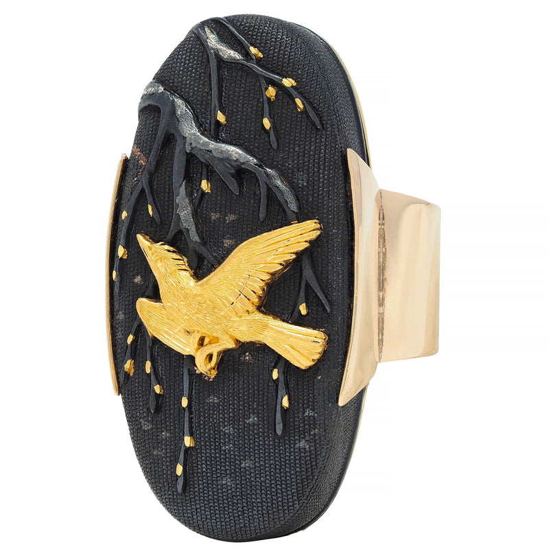 Victorian Japanese Shakudo 14 Karat Yellow Gold Swallow Bird Antique Ring