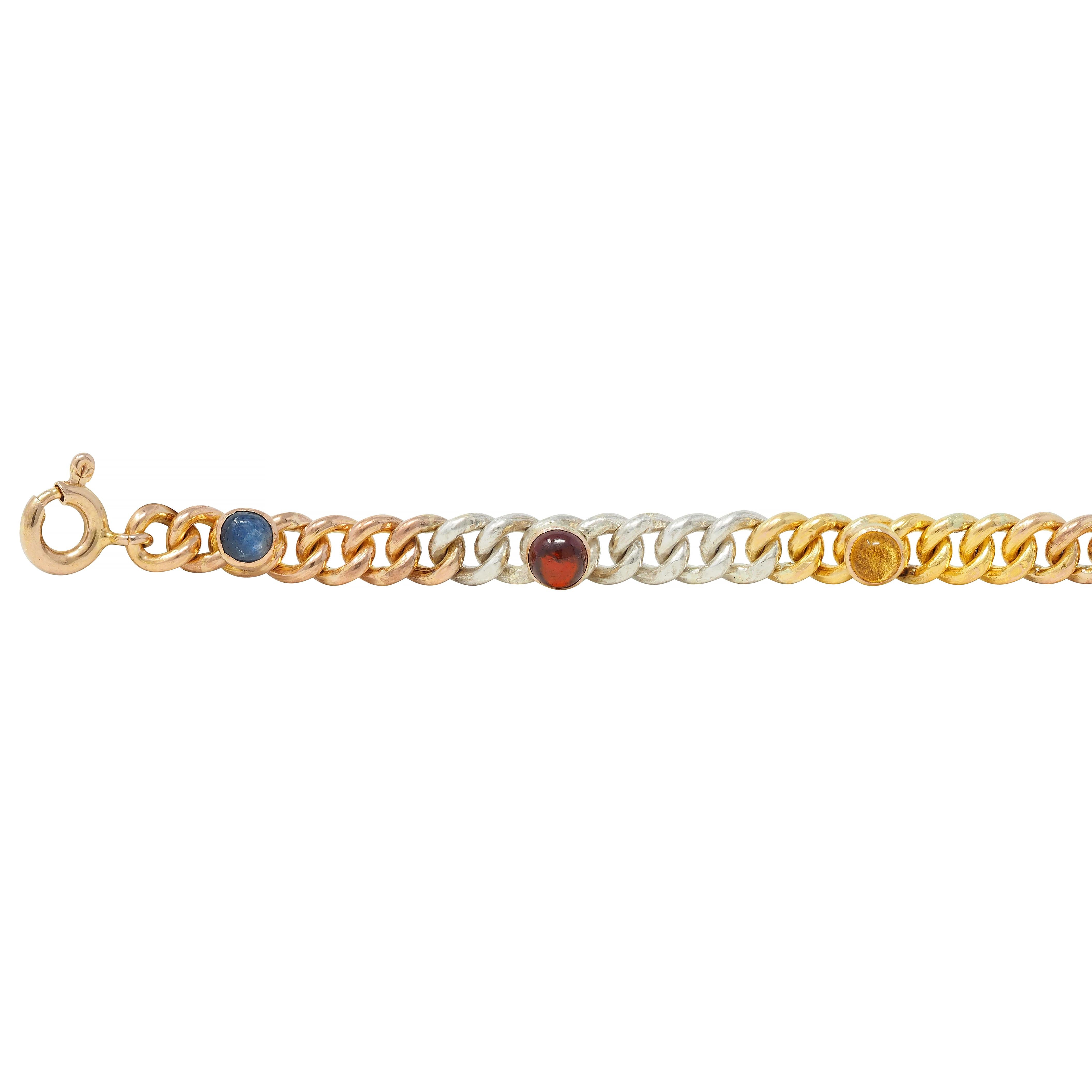 Victorian Multi-Gem Silver 14K Two-Tone Gold Navantra Antique Curb Link Bracelet