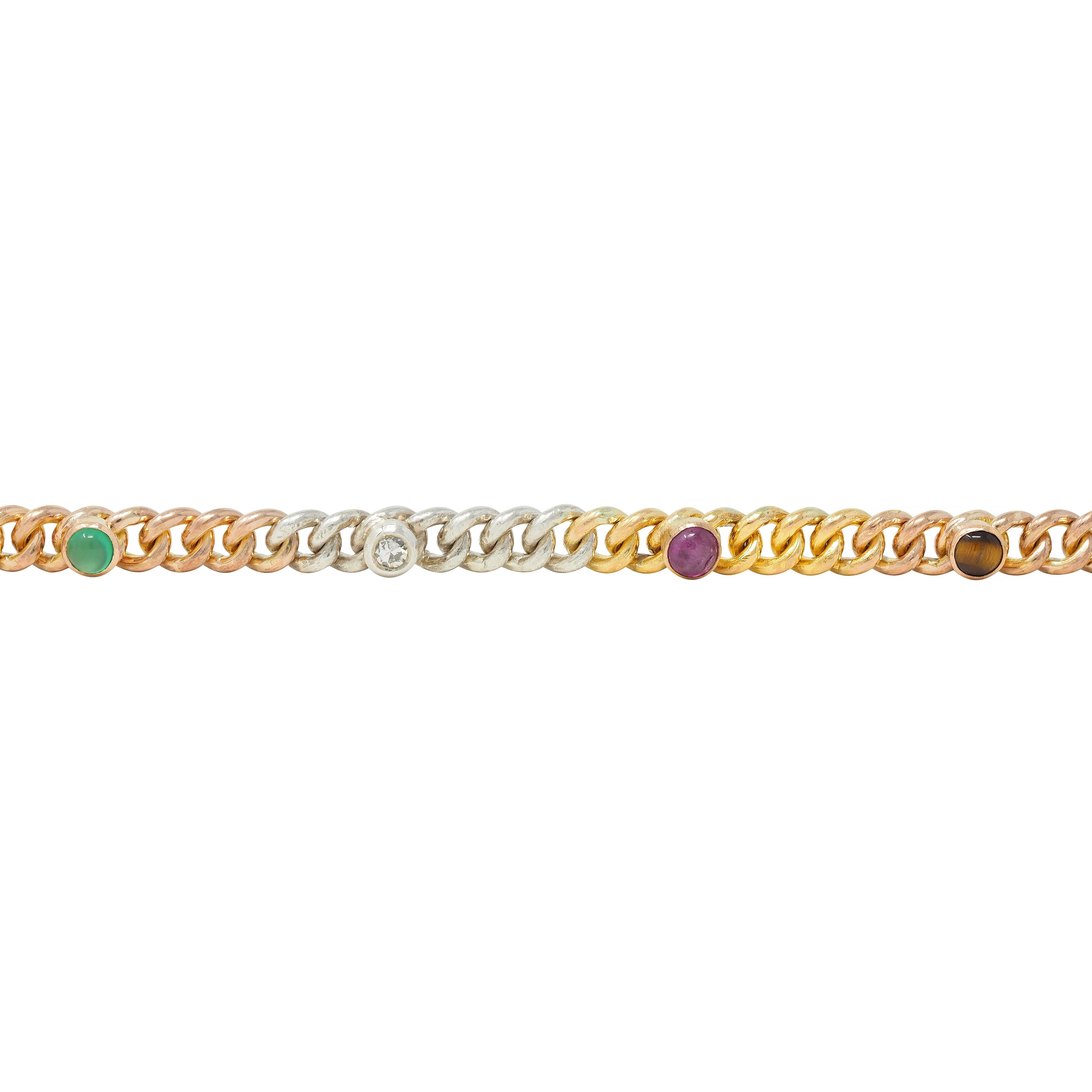 Victorian Multi-Gem Silver 14K Two-Tone Gold Navantra Antique Curb Link Bracelet