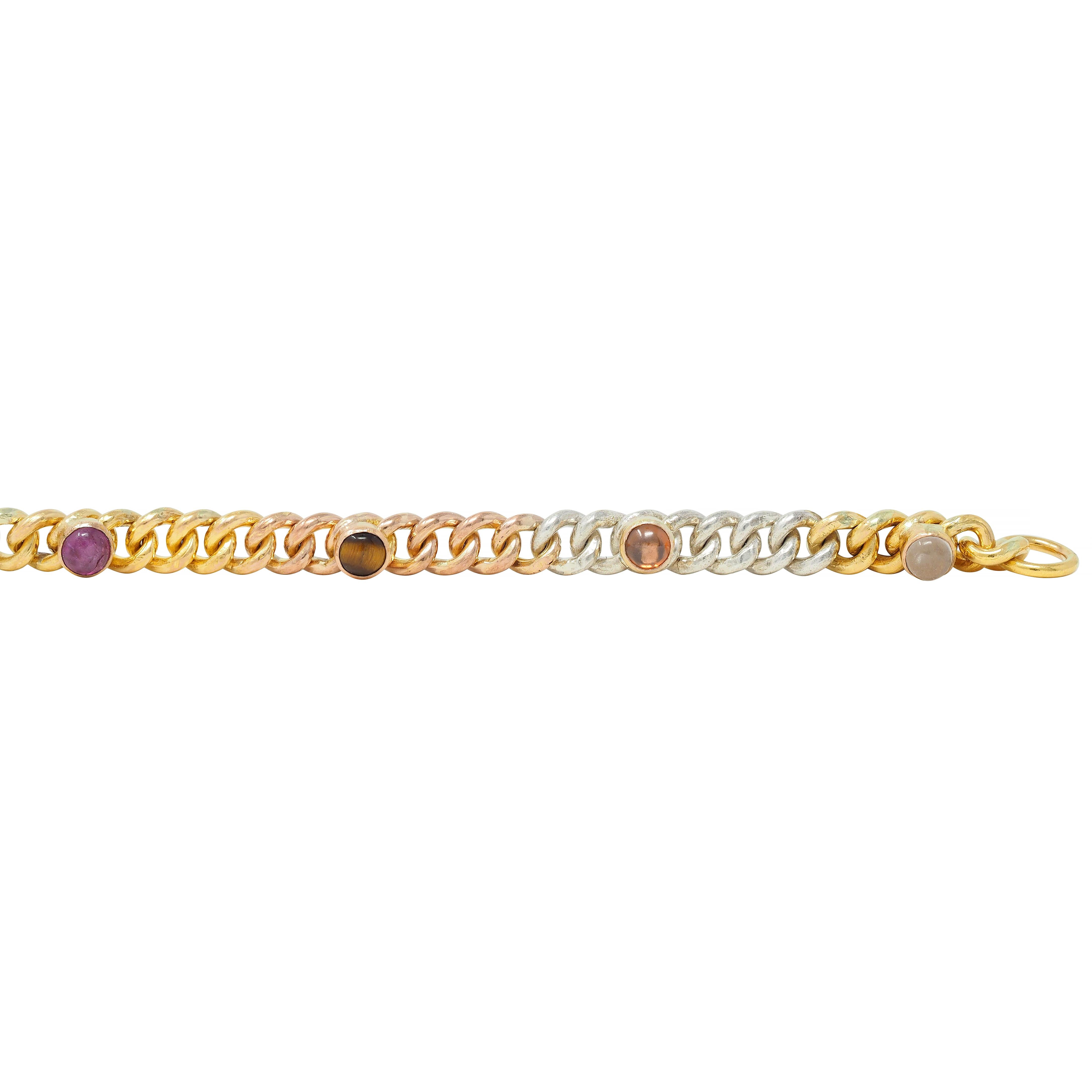 Victorian Multi-Gem Silver 14K Two-Tone Gold Navantra Antique Curb Link Bracelet