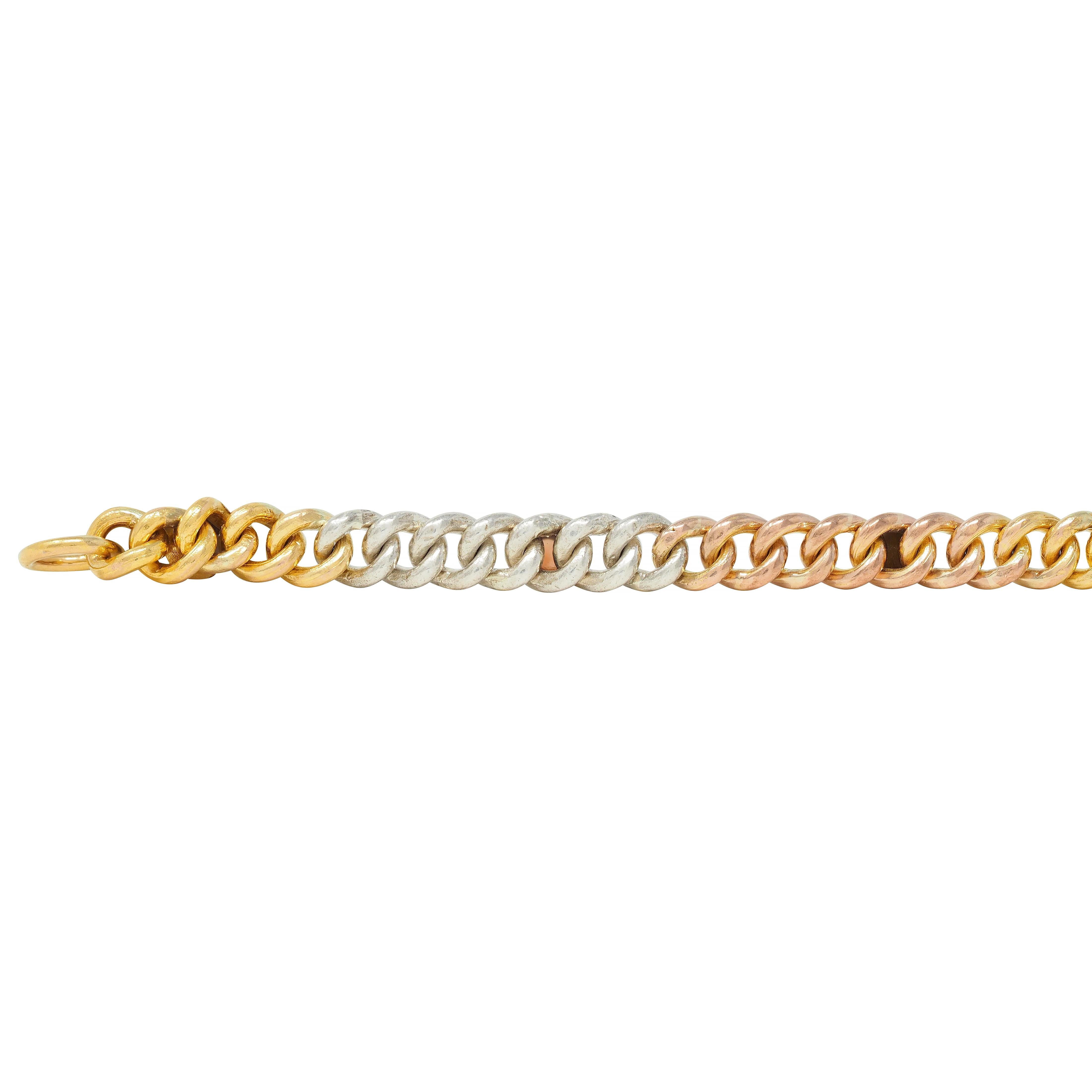 Victorian Multi-Gem Silver 14K Two-Tone Gold Navantra Antique Curb Link Bracelet