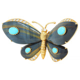 Wolfers French Diamond Turquoise Tiger's Eye 18K Gold Vintage Butterfly Brooch