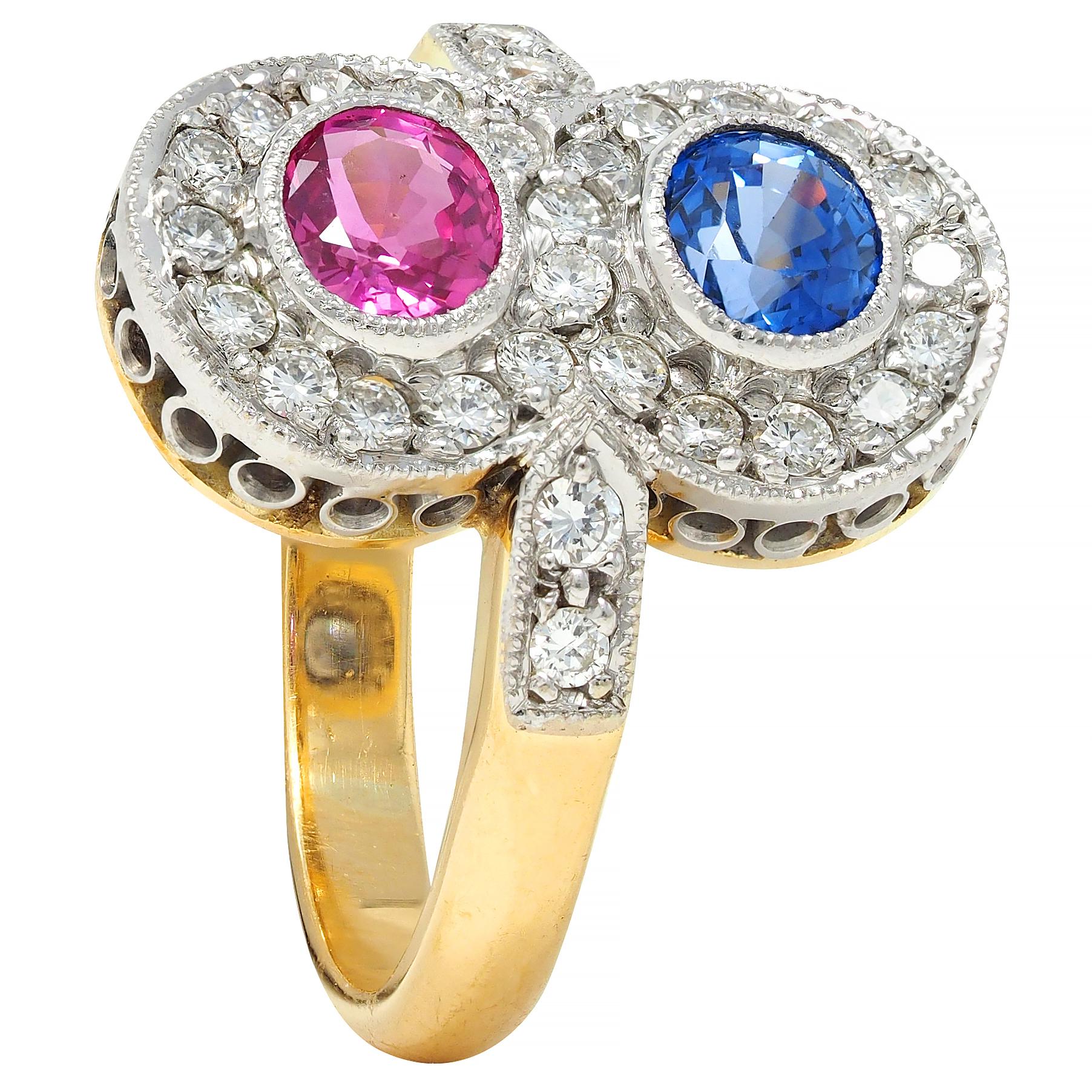 1980's 2.60 CTW Pink Blue Sapphire Diamond Platinum 18K Vintage Toi-Et-Moi Ring