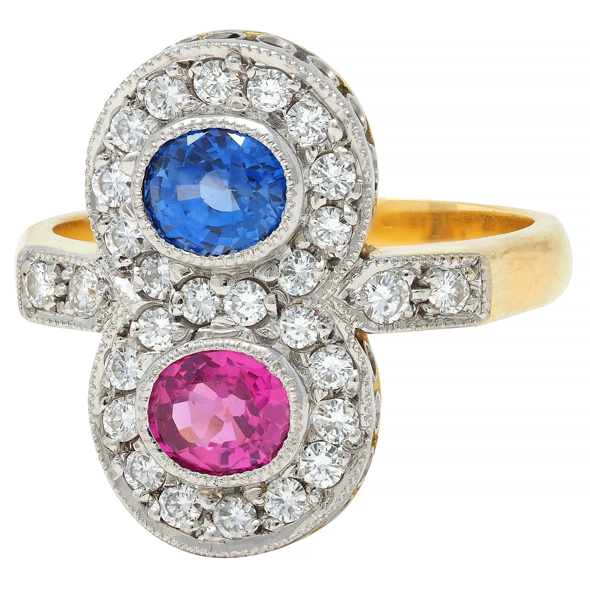 1980's 2.60 CTW Pink Blue Sapphire Diamond Platinum 18K Vintage Toi-Et-Moi Ring