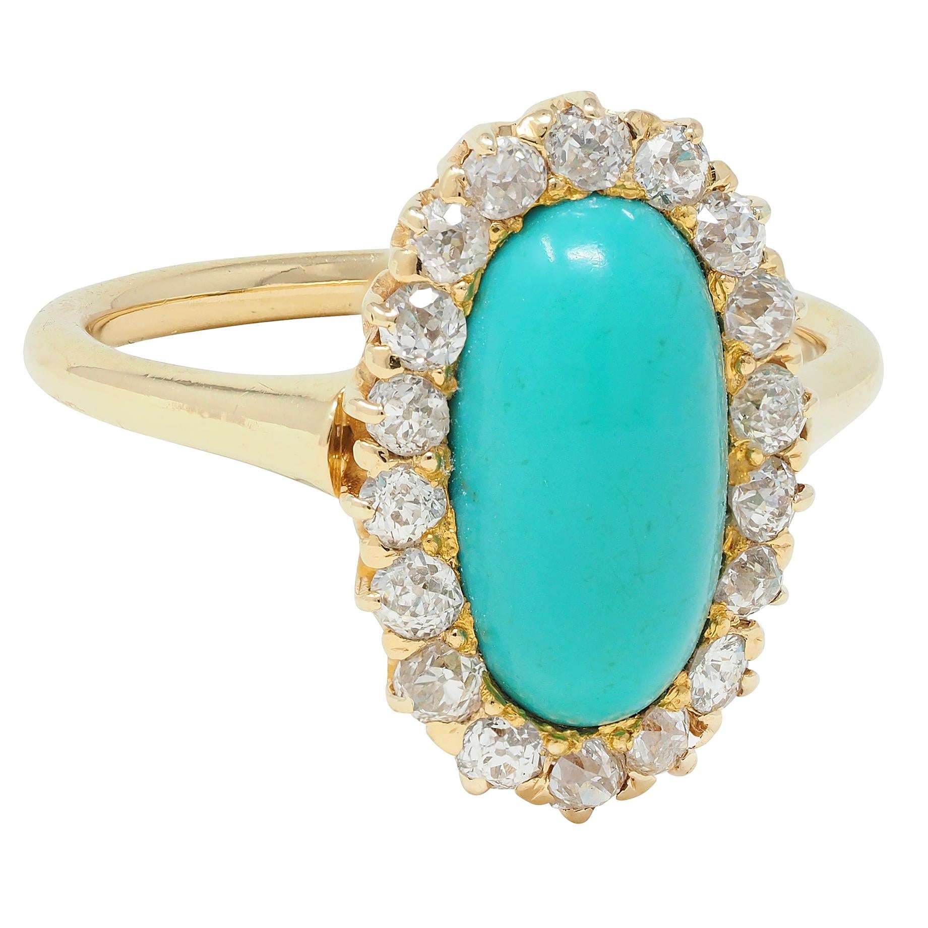 Victorian 0.72 CTW Diamond Turquoise 18 Karat Yellow Gold Antique Halo Ring