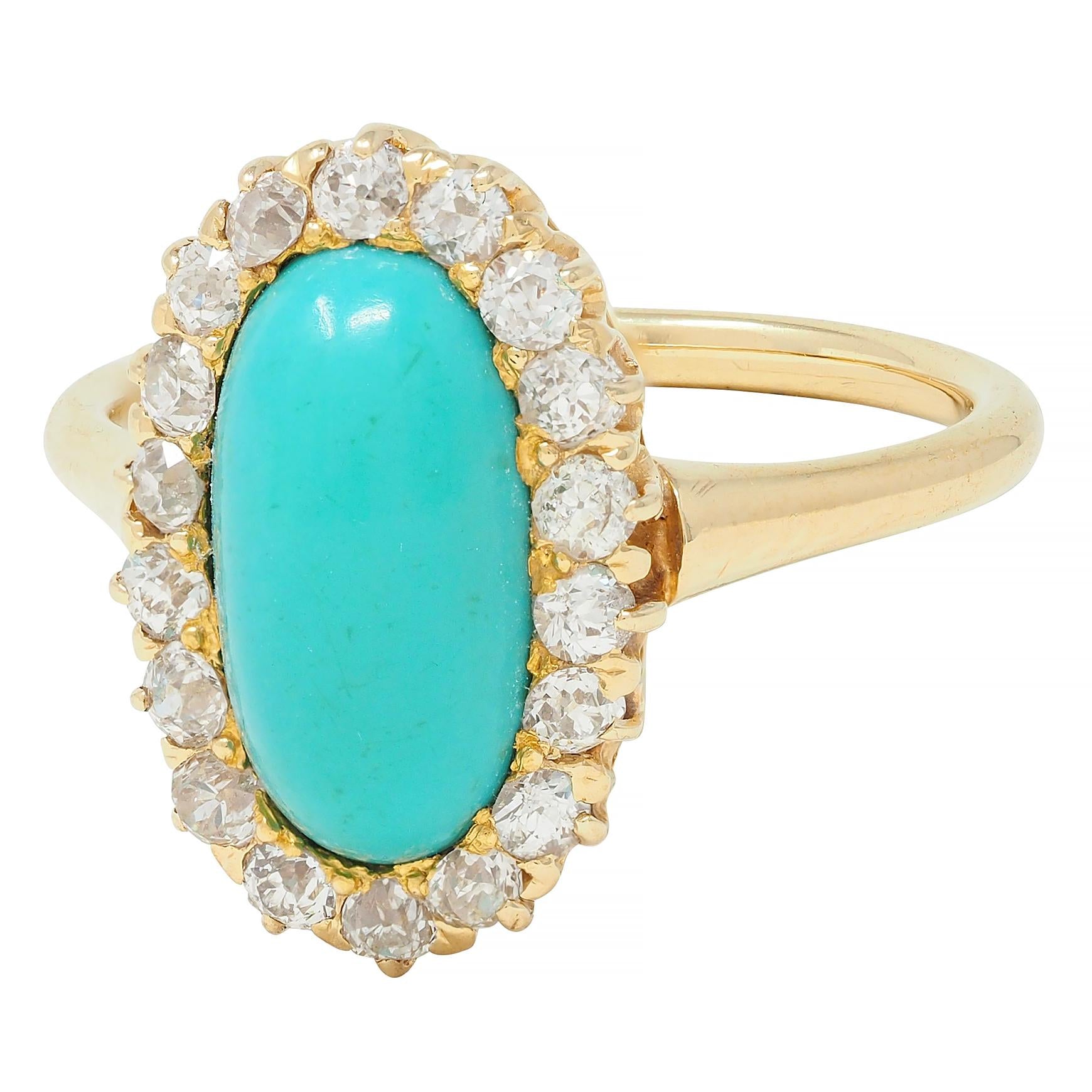 Victorian 0.72 CTW Diamond Turquoise 18 Karat Yellow Gold Antique Halo Ring