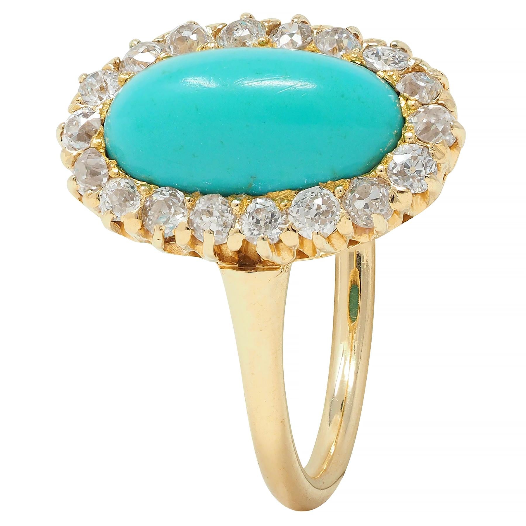 Victorian 0.72 CTW Diamond Turquoise 18 Karat Yellow Gold Antique Halo Ring