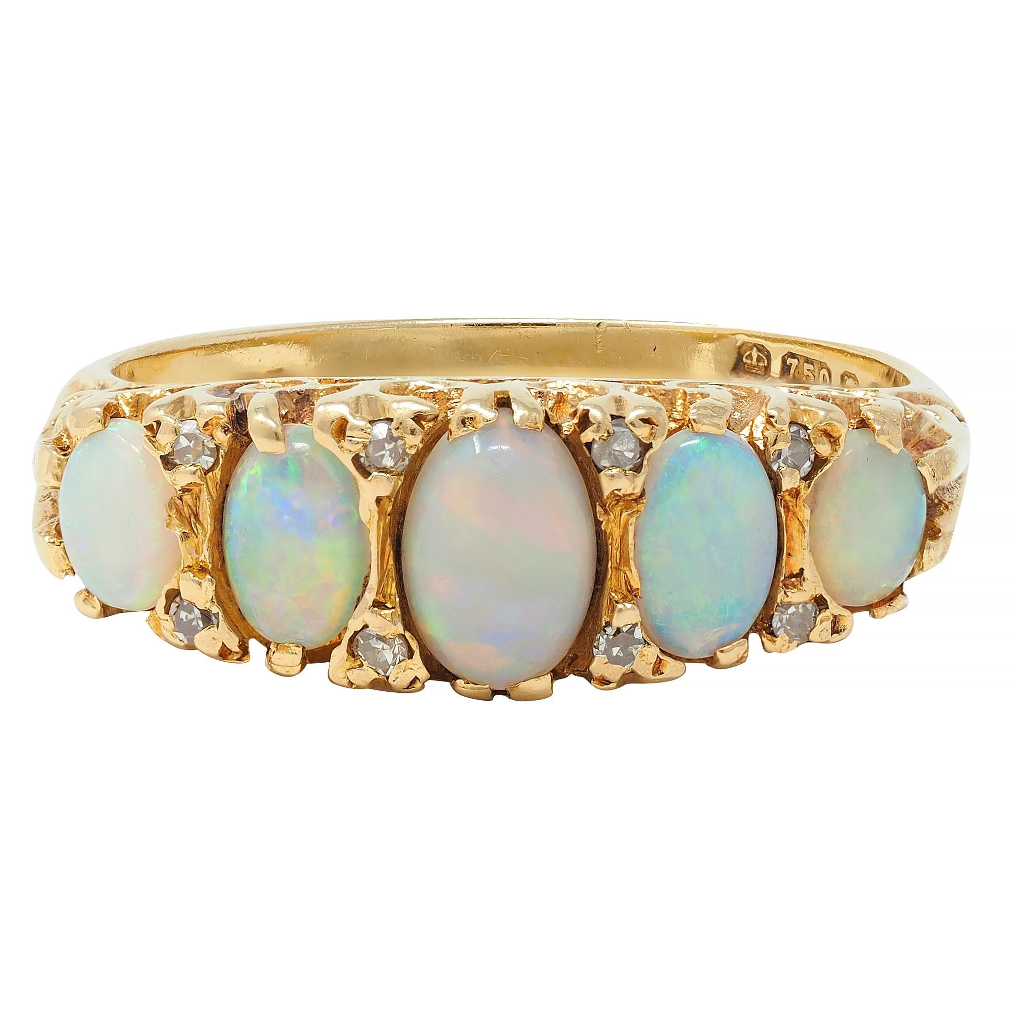 Art Nouveau Opal Diamond 18 Karat Yellow Gold Scrolling Antique Band Ring