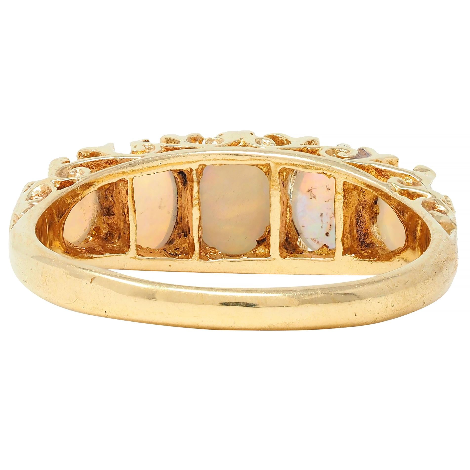 Art Nouveau Opal Diamond 18 Karat Yellow Gold Scrolling Antique Band Ring